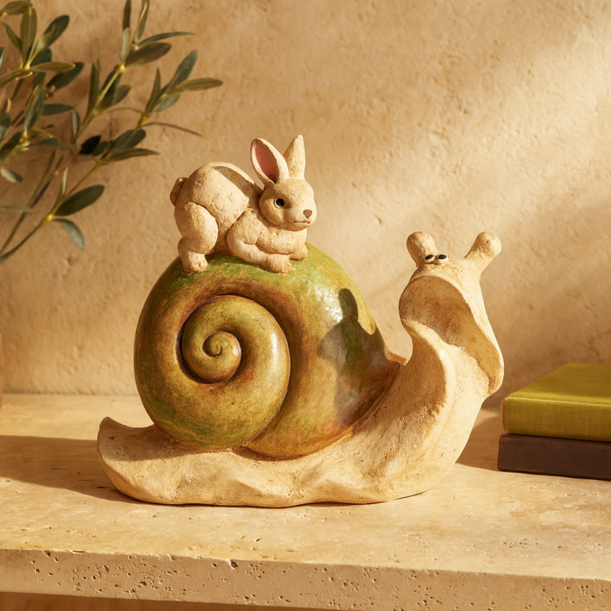 Snail Cream Magnesium Oxide Decorative Garden Sculpture with Rabbit and Green Accents
