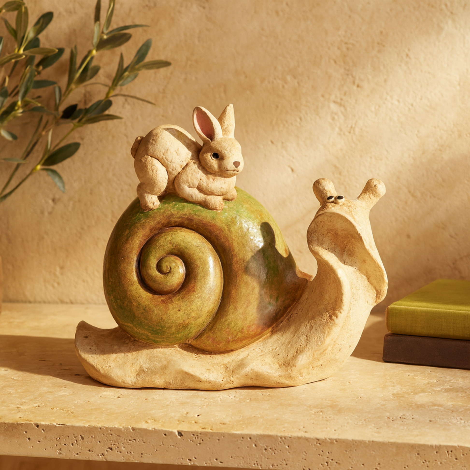 Snail Cream Magnesium Oxide Decorative Garden Sculpture with Rabbit and Green Accents