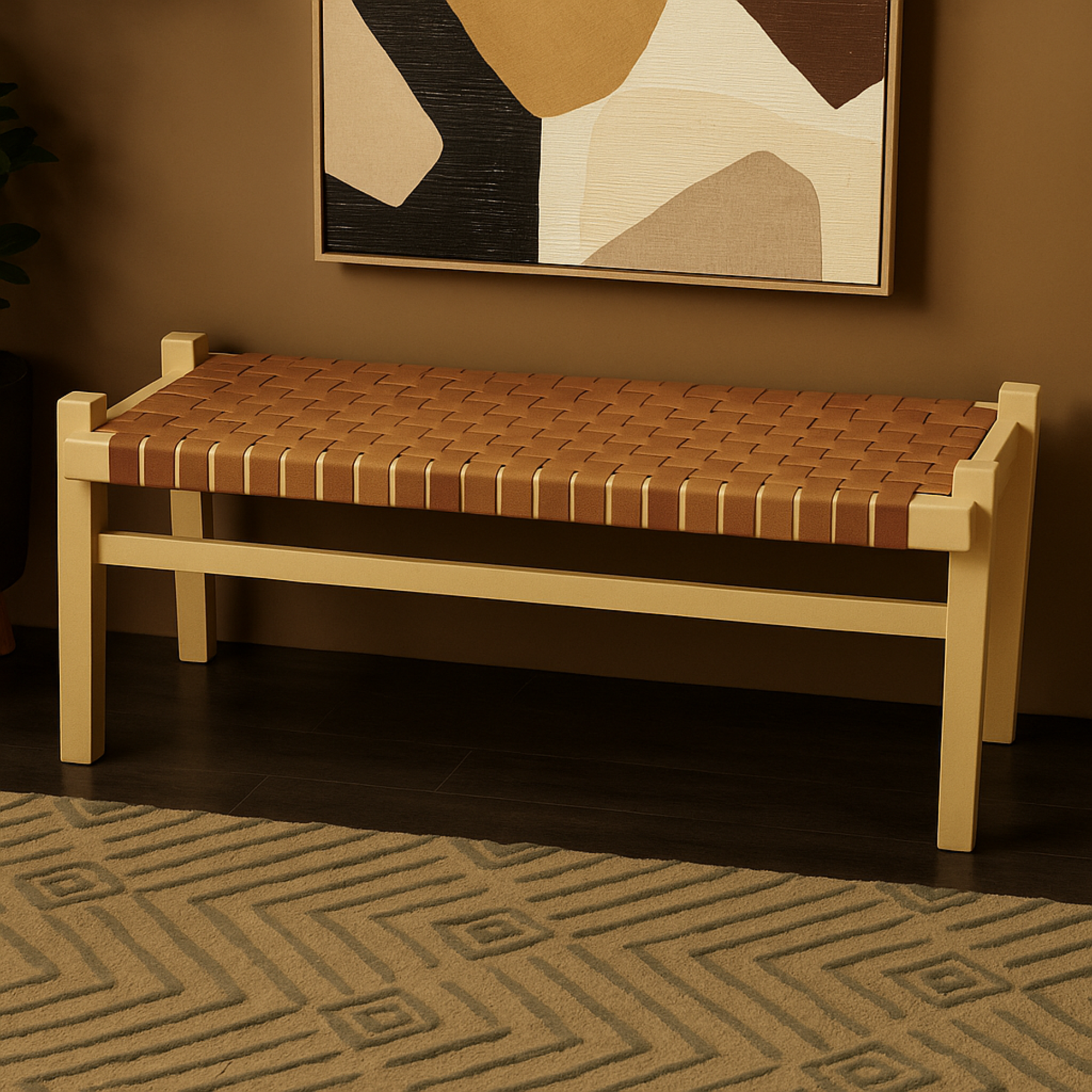 Leather Handmade Woven Seat Home Bench with Beige Wood Base