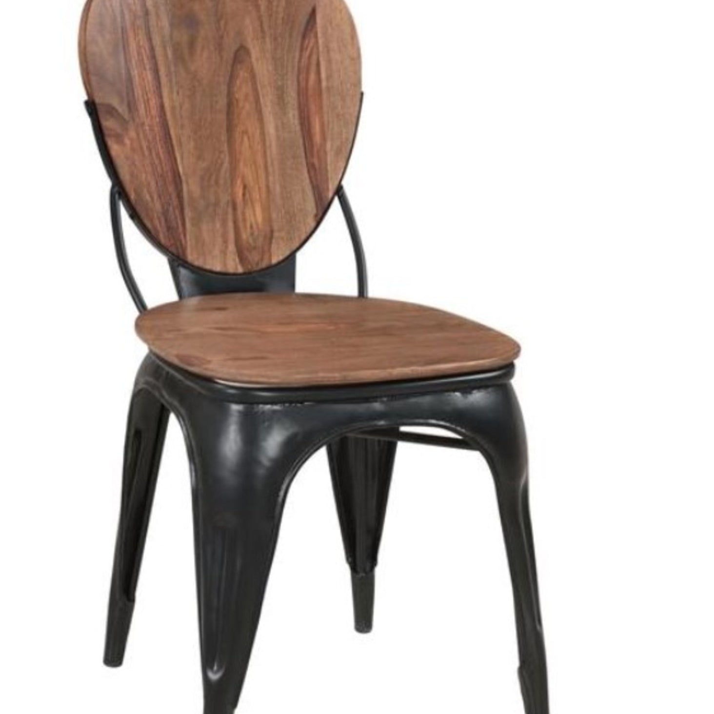 Set of 2 Brown Sheesham Wood Rounded Kitchen Dining Chair with Black Iron Tapered Legs and Curved Support