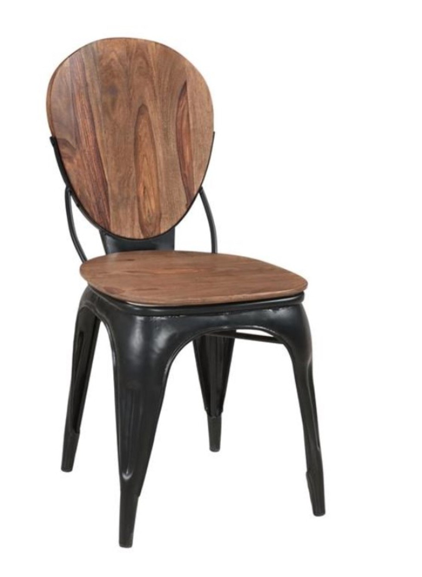 Set of 2 Brown Sheesham Wood Rounded Kitchen Dining Chair with Black Iron Tapered Legs and Curved Support