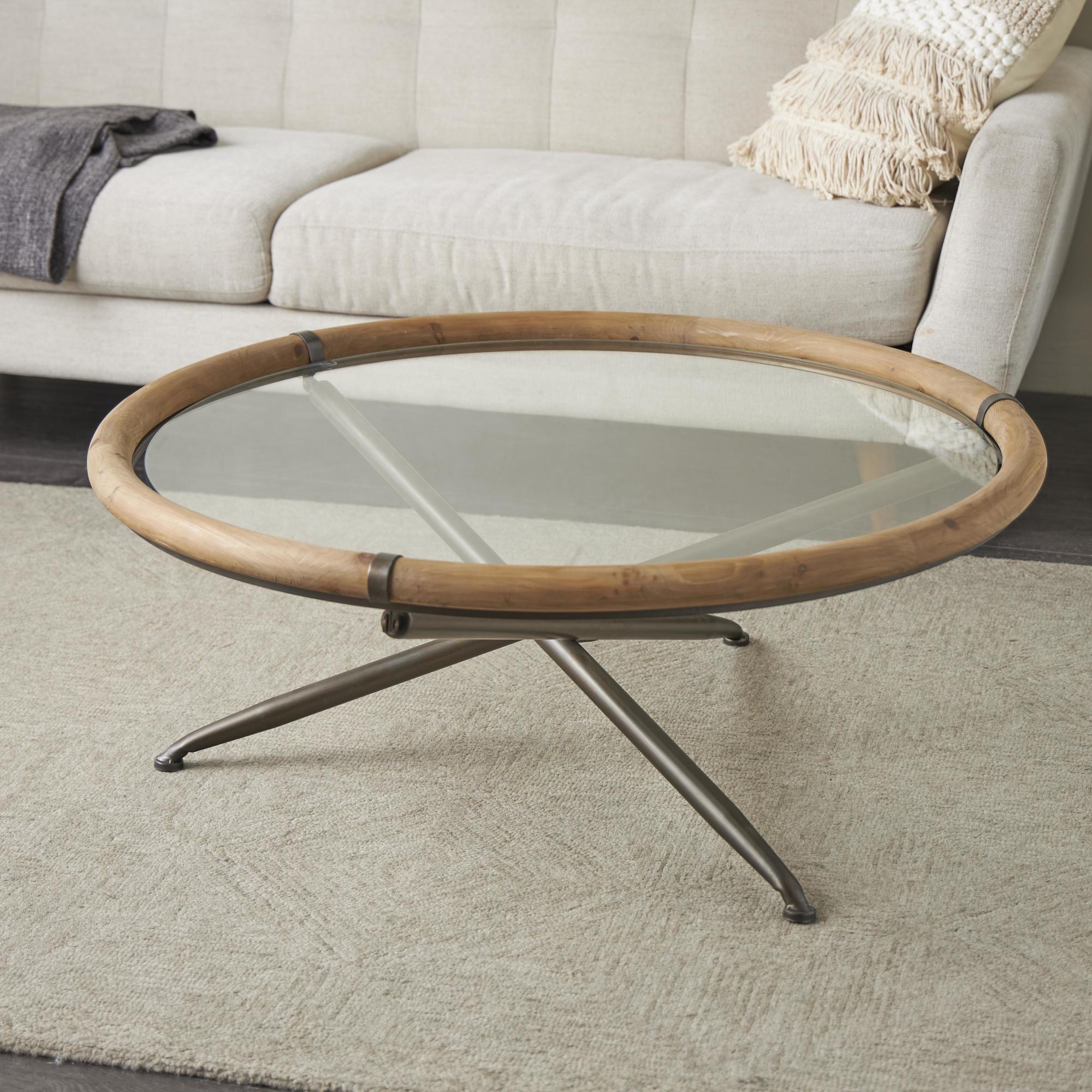 Brass Metal Round Living Room Coffee Table with Brown Wooden Framed Glass Tabletop