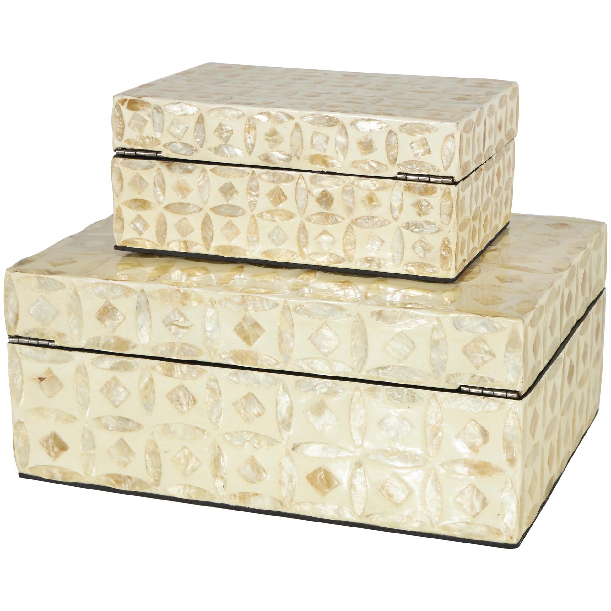 Set of 2 Moroccan Beige Mother of Pearl Shell Mosaic Storage Decorative Box with Taupe Accents