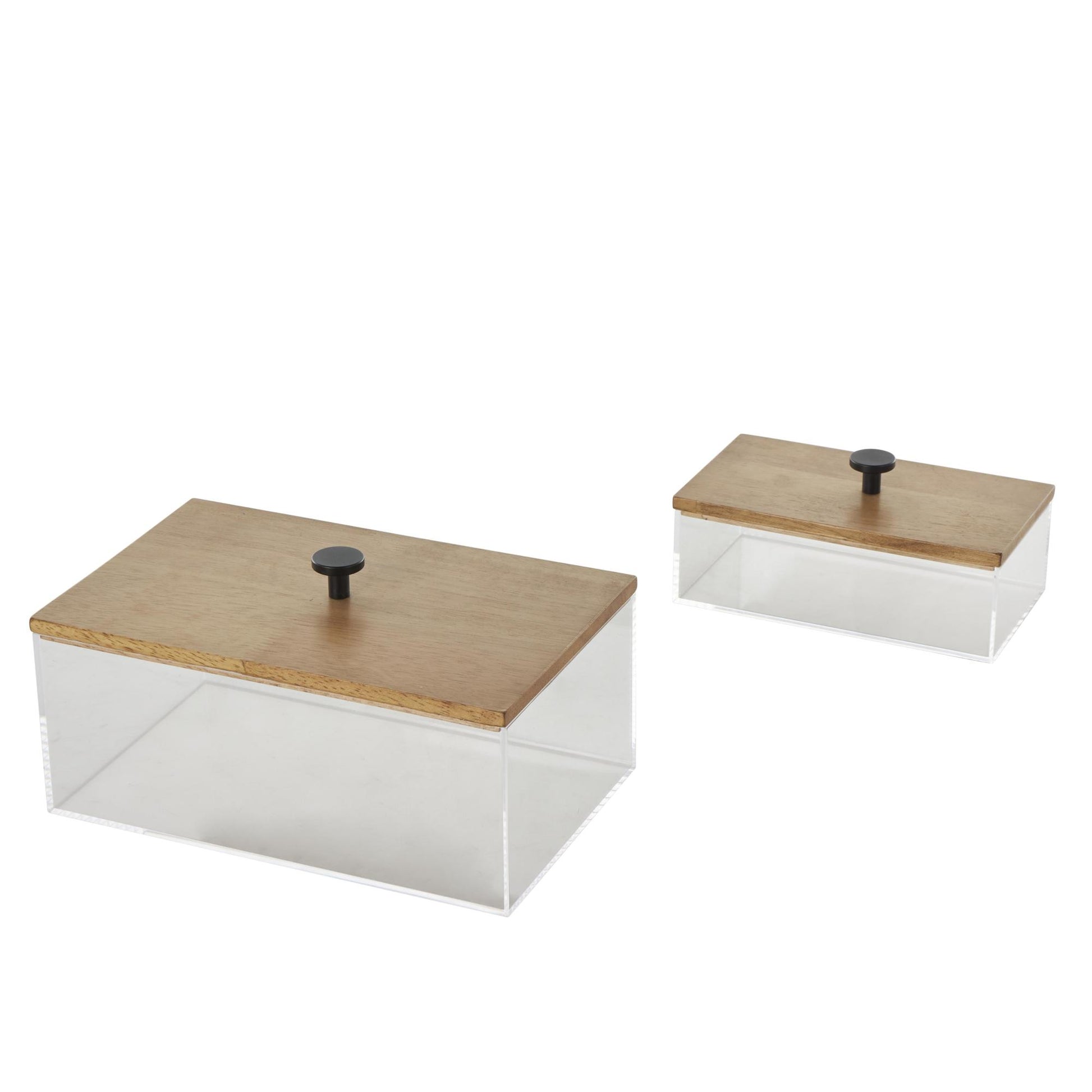 Set of 2 Clear Acrylic Plastic Decorative Box with Brown Wooden Lids and Black Knobs
