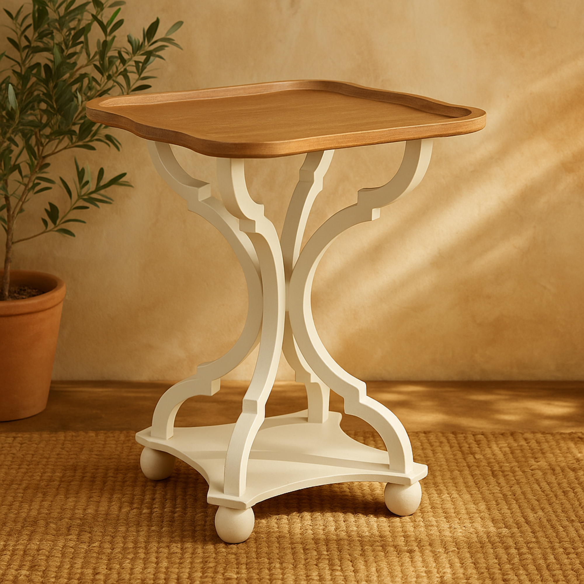White Wooden Side End Accent Table with Brown Wood Top