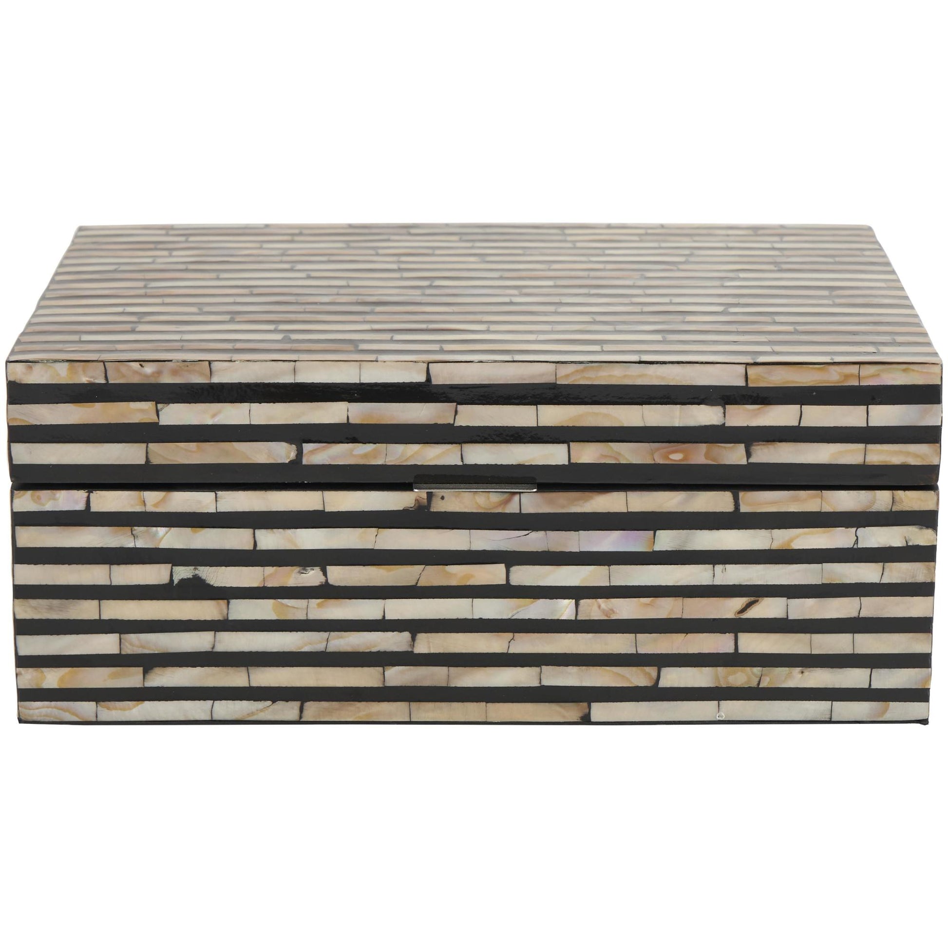 Set of 2 Beige Mother of Pearl Shell Handmade Decorative Box with Linear Mosaic Pattern and Hinged Lid