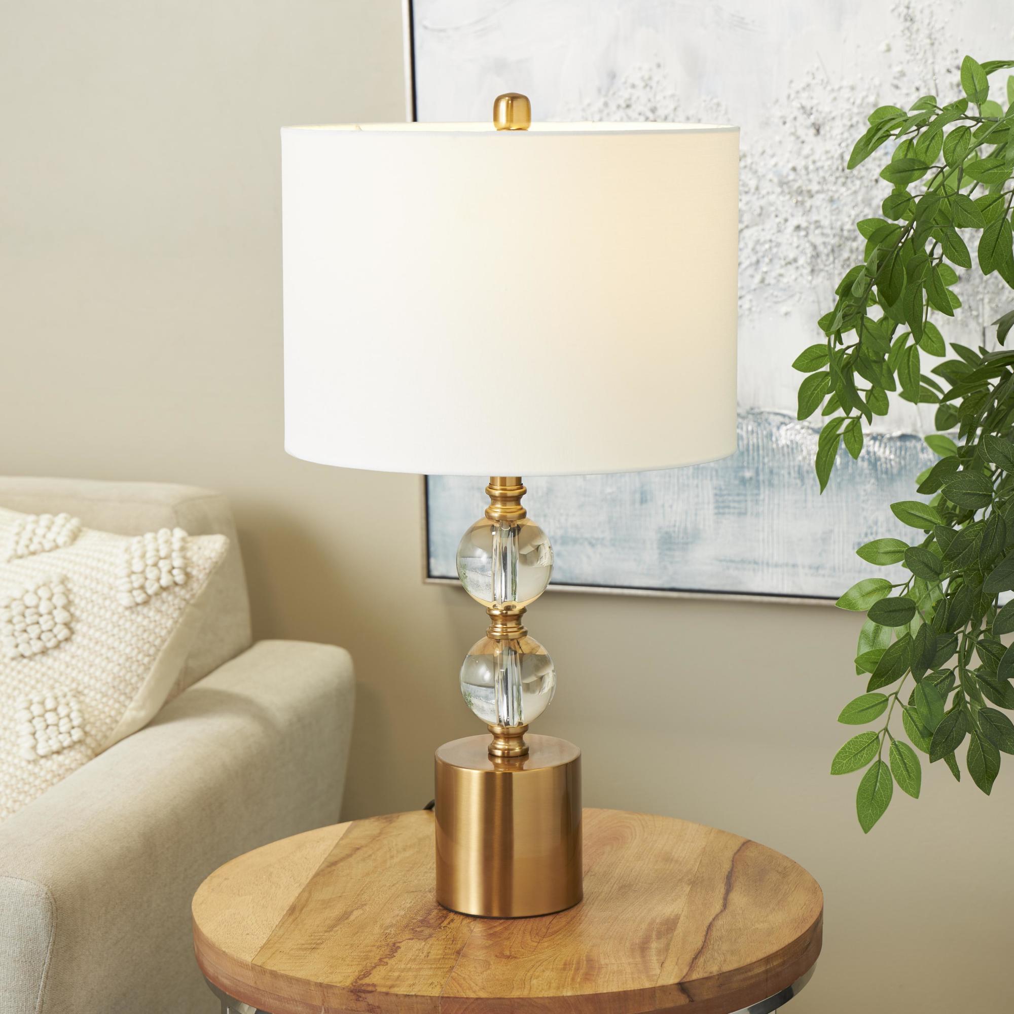 Clear Crystal Stacked Orbs Room Table Lamp with White Drum Shade and Gold Base