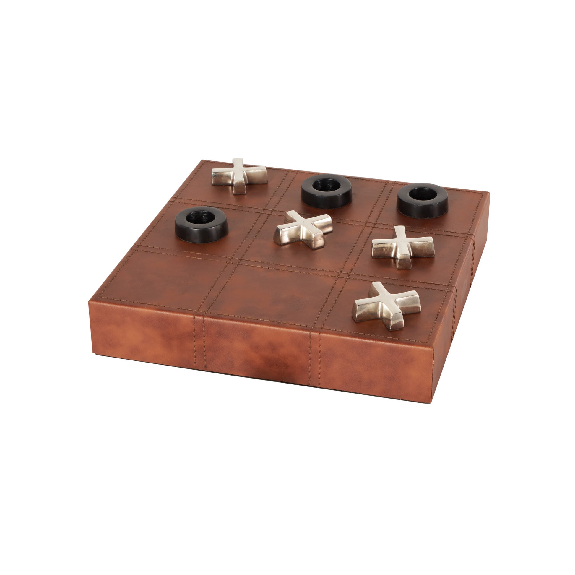 Tic Tac Toe Brown Faux Leather Home Decor Game Set with Black and Silver Pieces