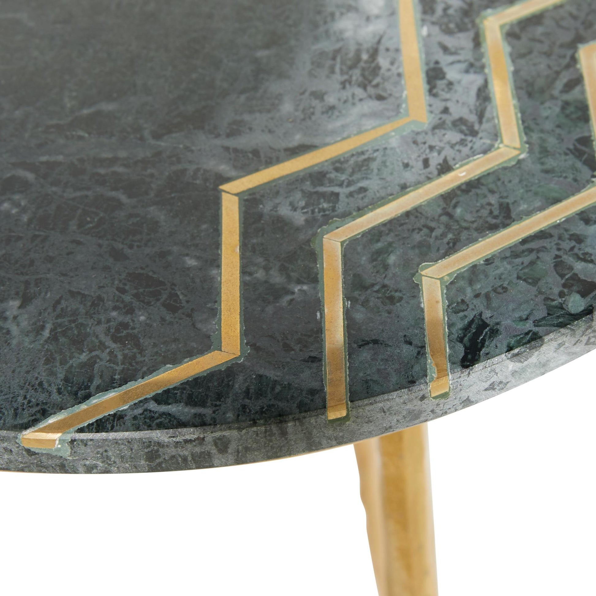 Green Marble Side End Accent Table with Gold Metal Tripod Legs and Zig-Zag Detail