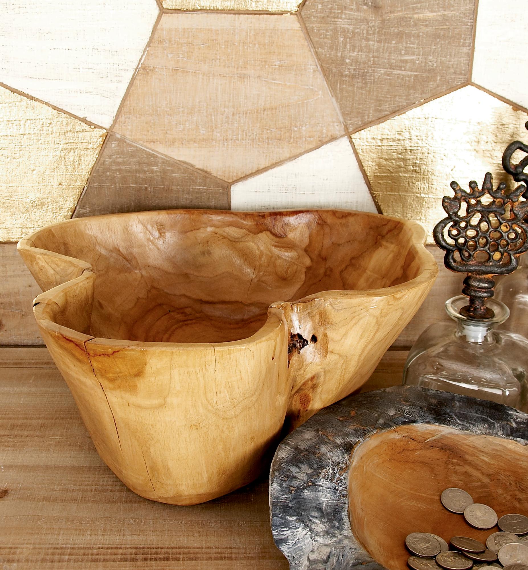 Brown Teak Wood Handmade Live Edge Free Form Large Decorative Bowl