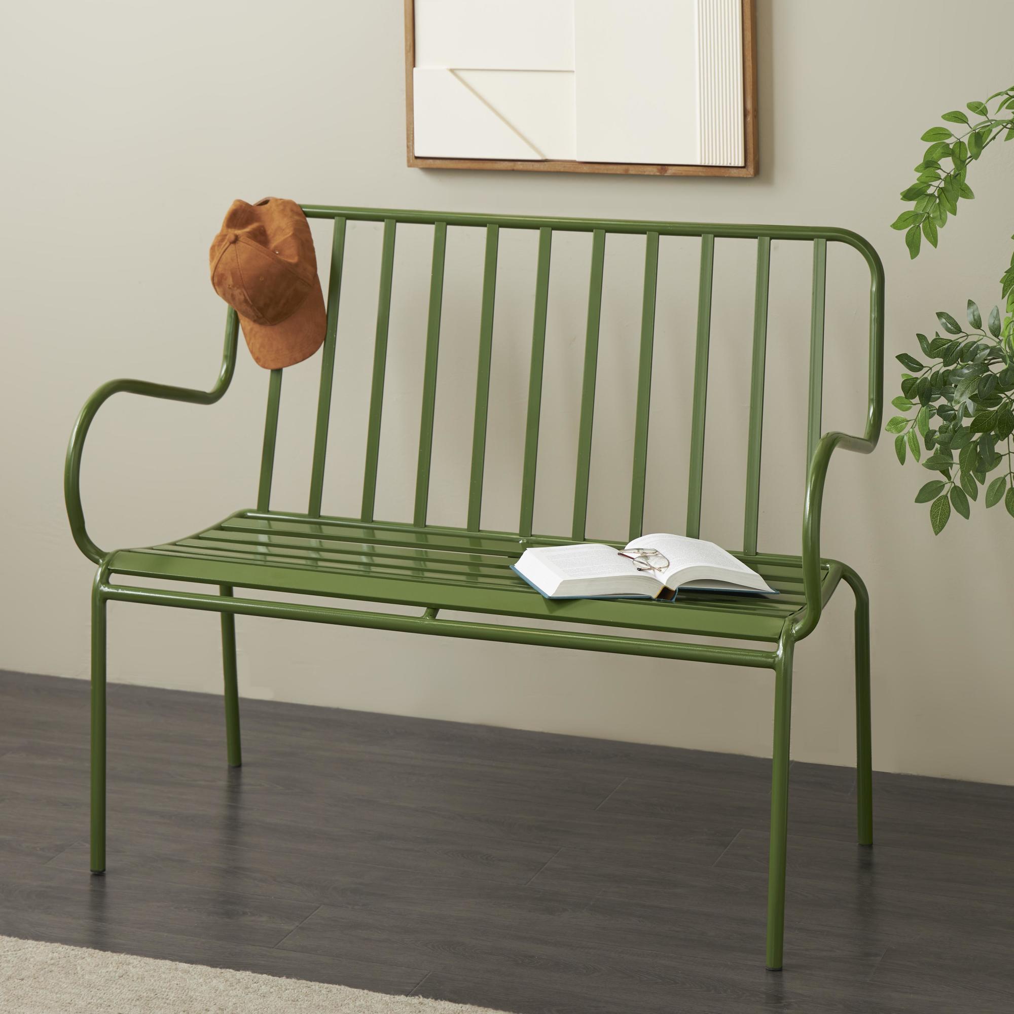 Green Metal Slatted Patio Outdoor Bench with Curved Armrests