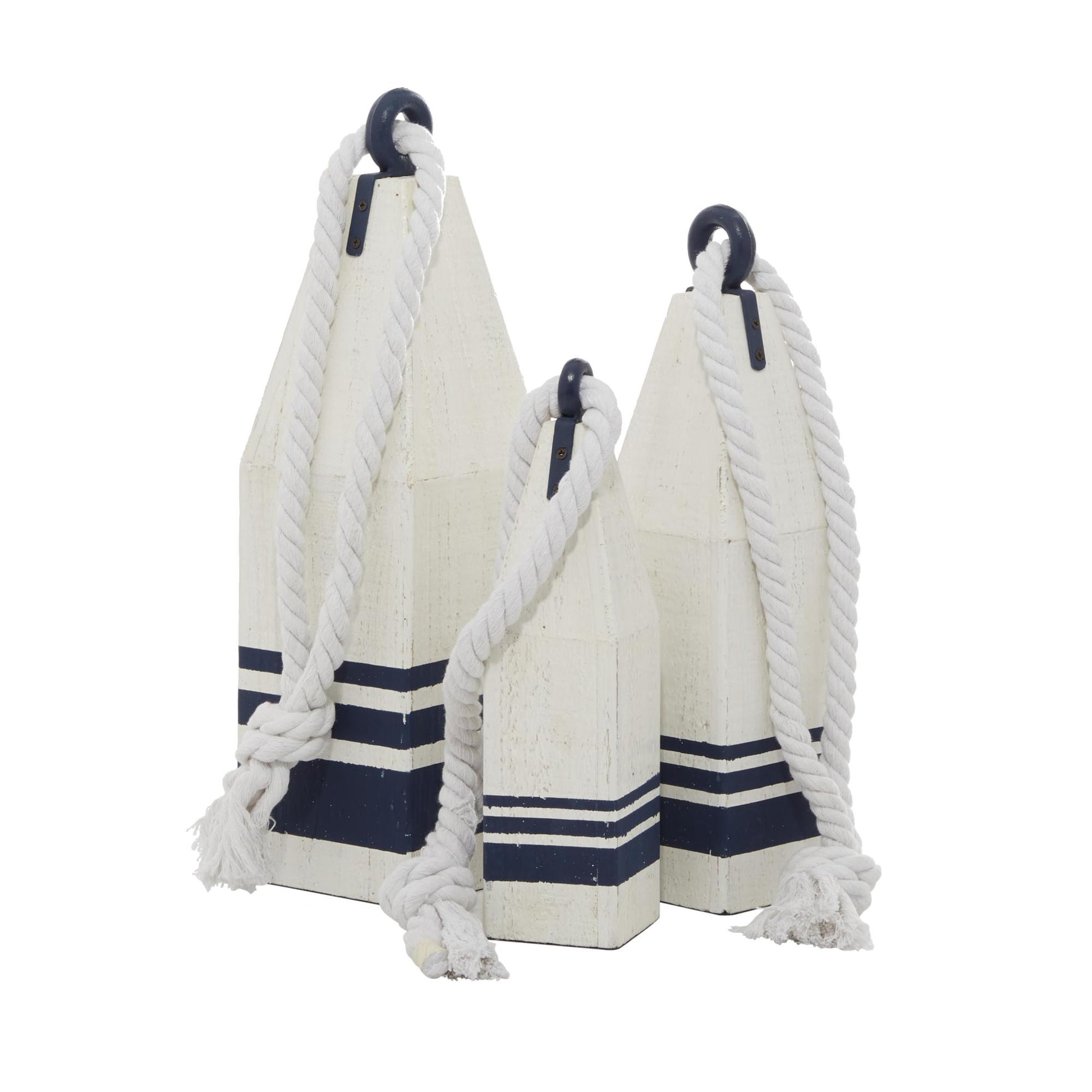 Set of 3 Buoy White Wood Handmade Decorative Sculpture with Rope Accents