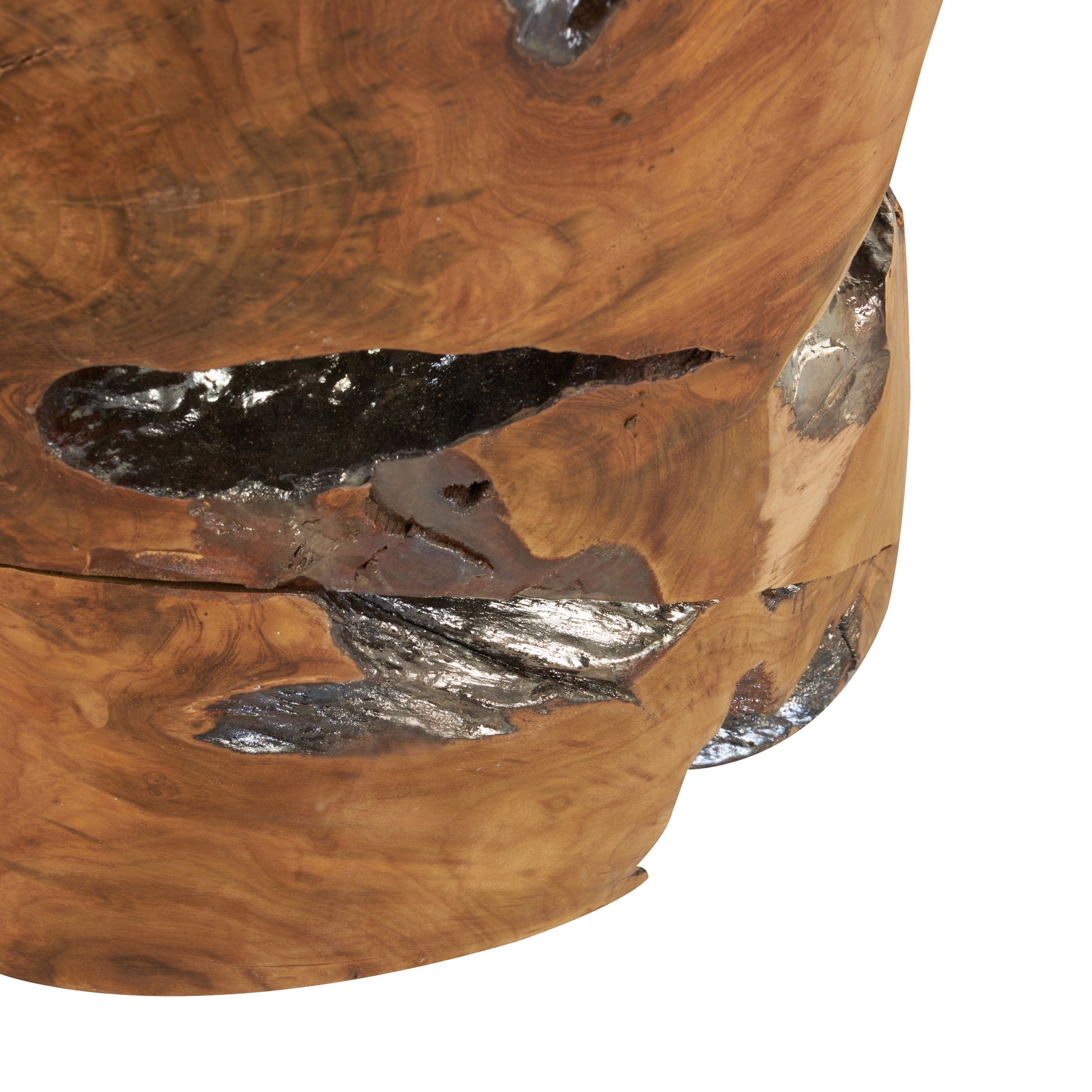 Brown Teak Wood Handmade Live Edge Tree Stump Living Room Stool with Silver Accents