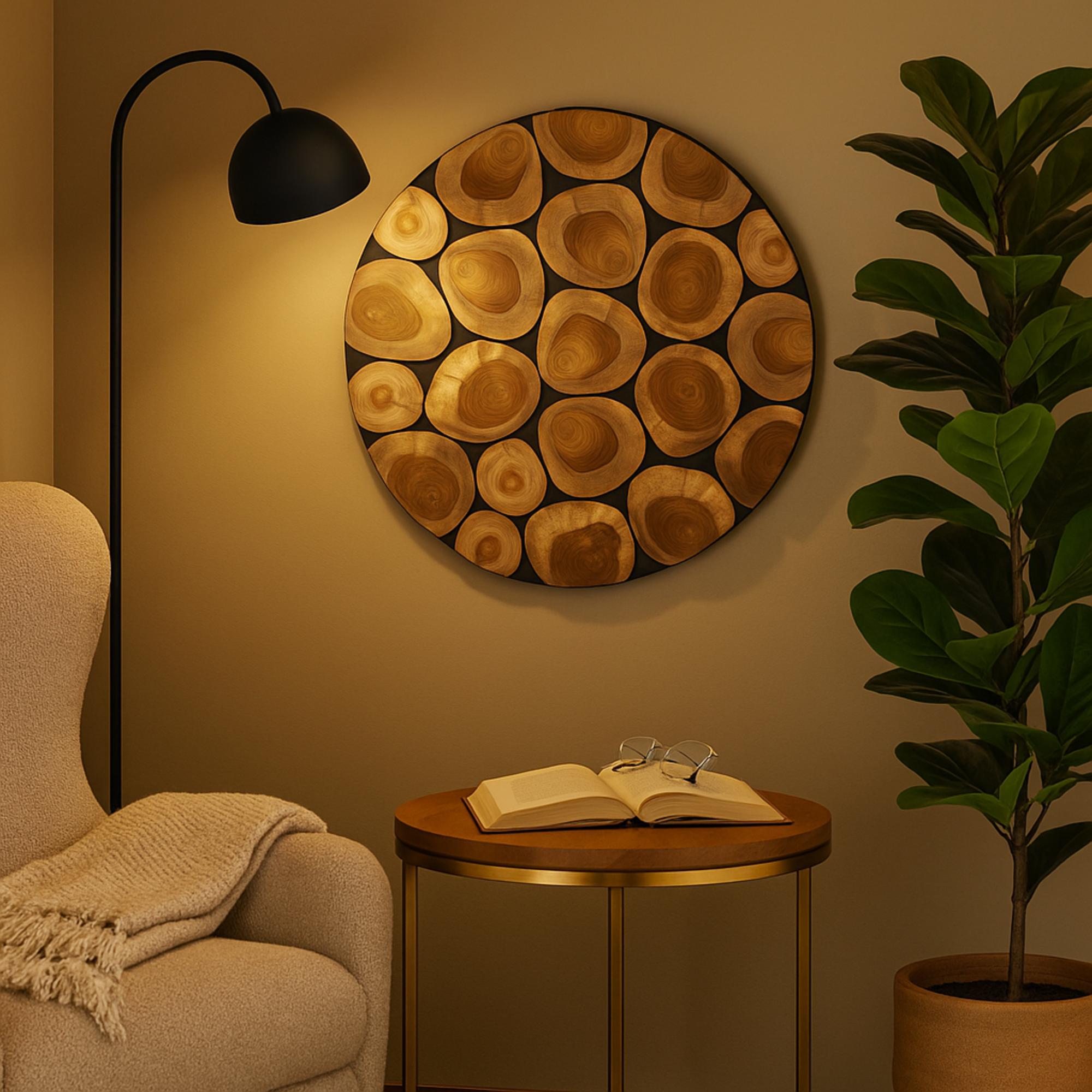 Abstract Brown Teak Wood Handmade Round Mosaic Inspired Wood Slab Home Wall Decor with Black Backing