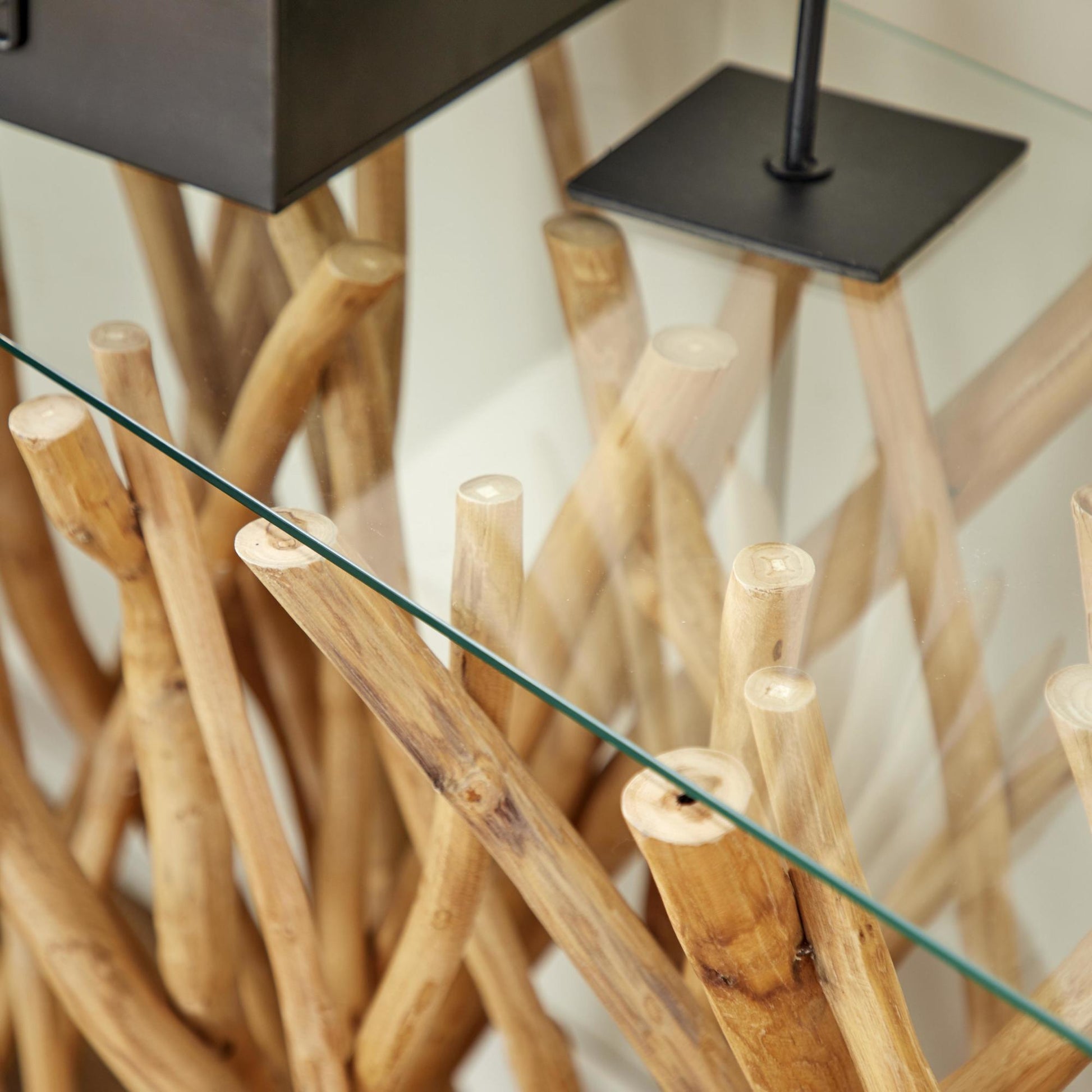 Brown Teak Wood Handmade Tree Branch Living Room Console Table with Clear Glass Top