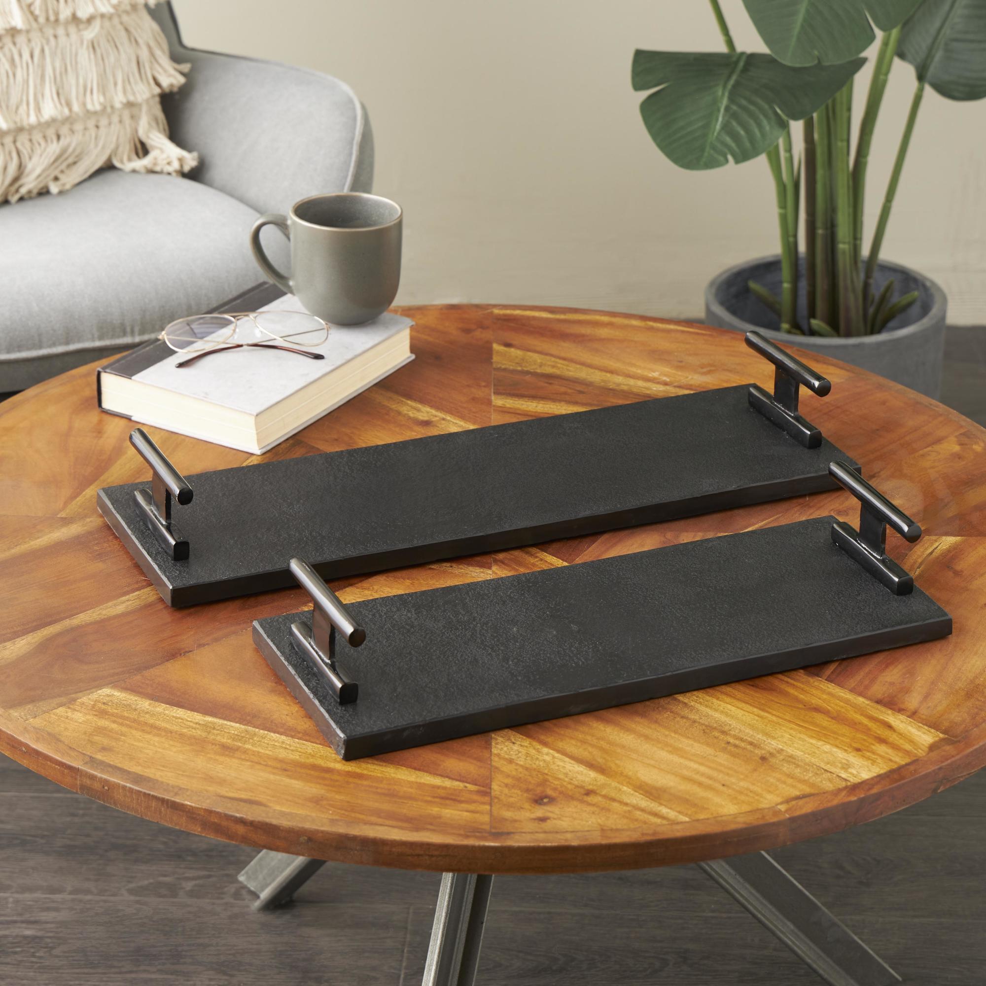 Set of 2 Marble Slim Textured Living Room Decor Tray with Rod Handles Set of 2 22", 18"W