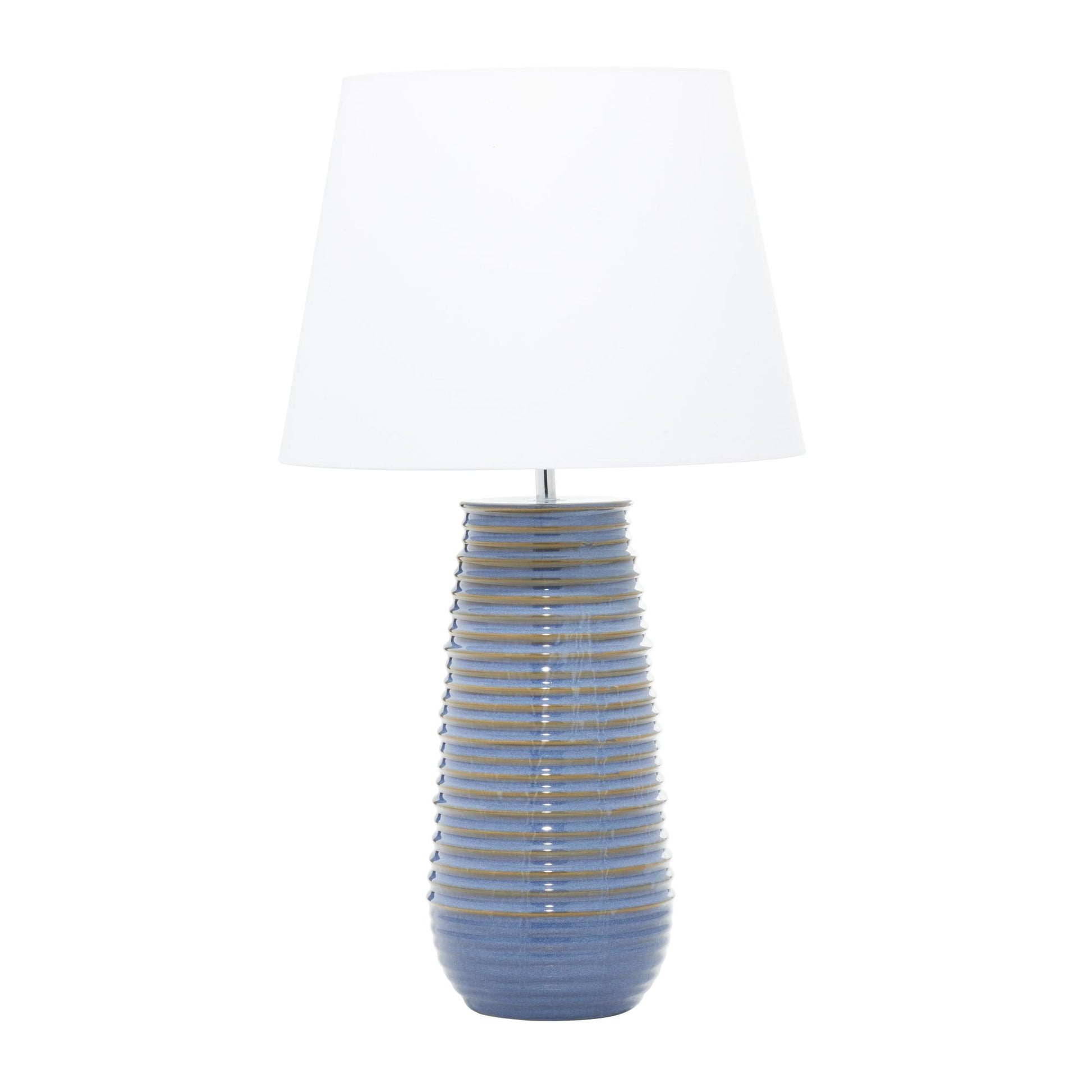Blue Ceramic Ribbed Room Table Lamp with Drum Shade