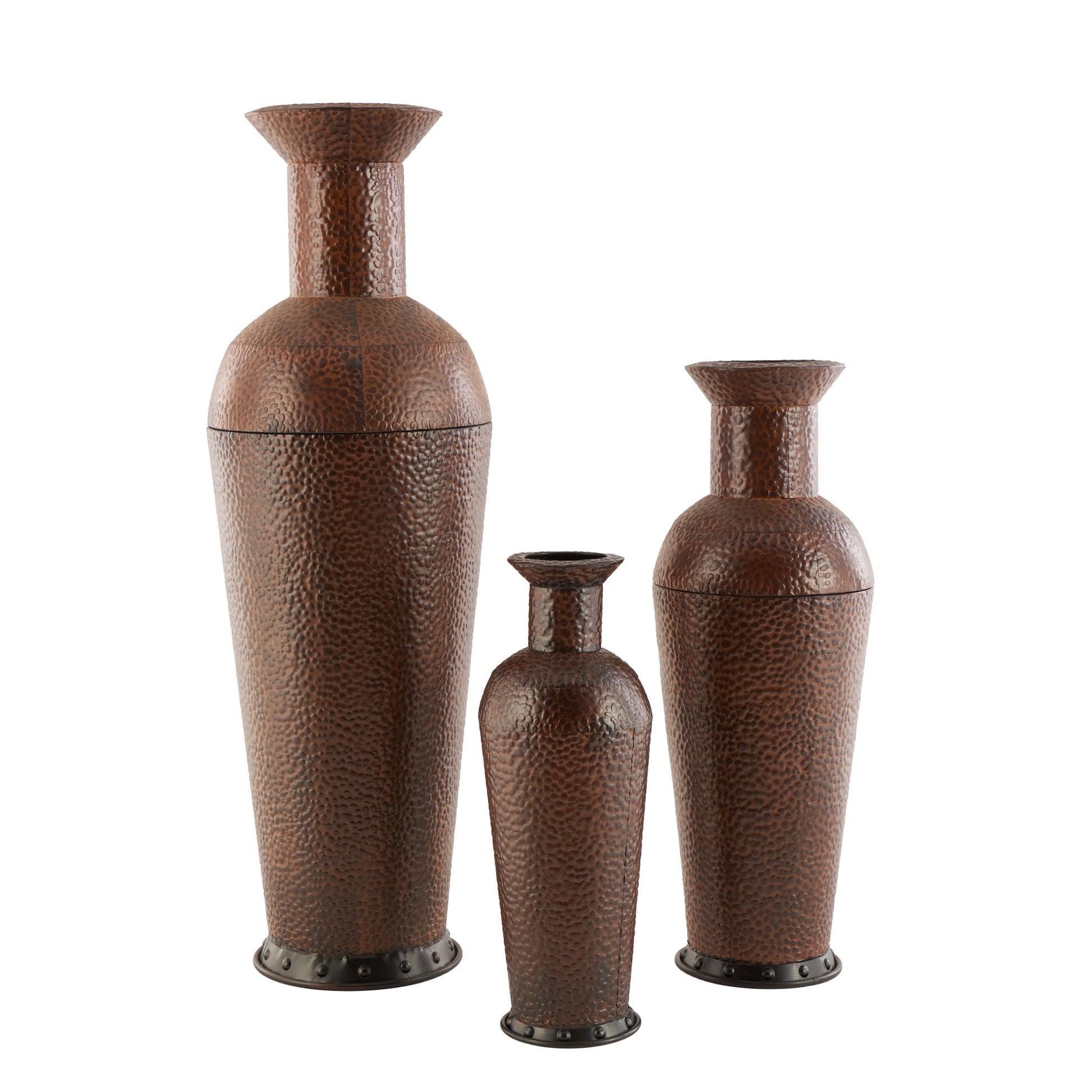 Set of 3 Dark Brown Metal Indoor Outdoor Tall Floor Bottleneck Decorative Vase with Bubble Texture and Studs