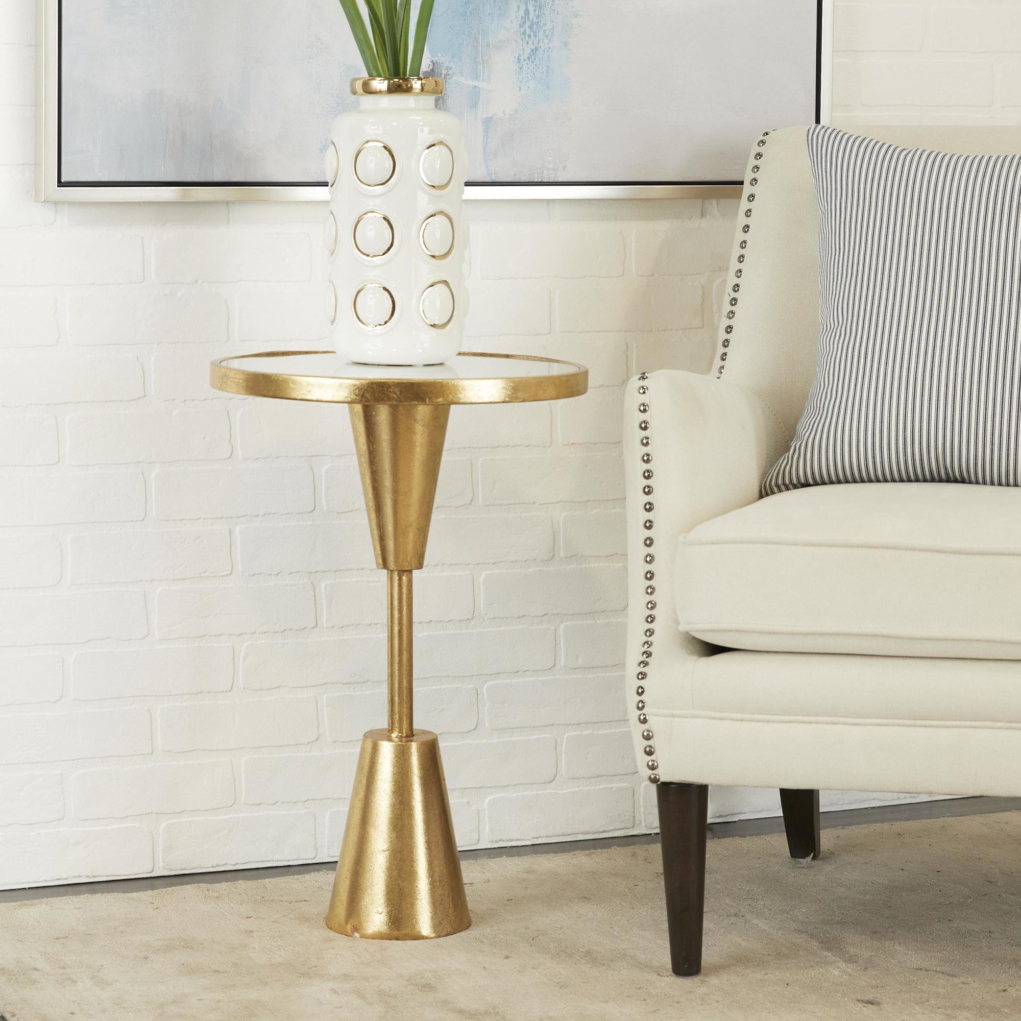 Metal Pedestal Base Side End Accent Table with Mirrored Glass Top