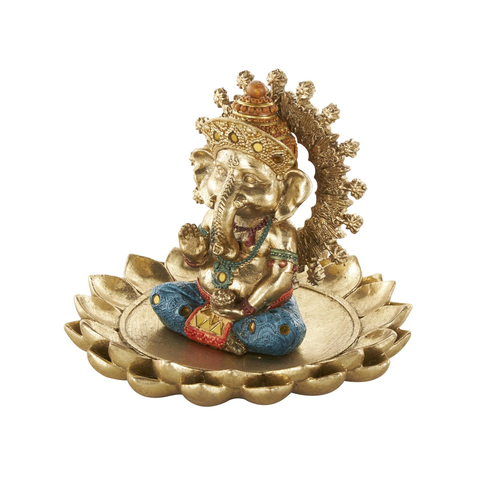 Ganesh Gold Resin Decorative Sculpture with Lotus Plate and Colorful Dresswear