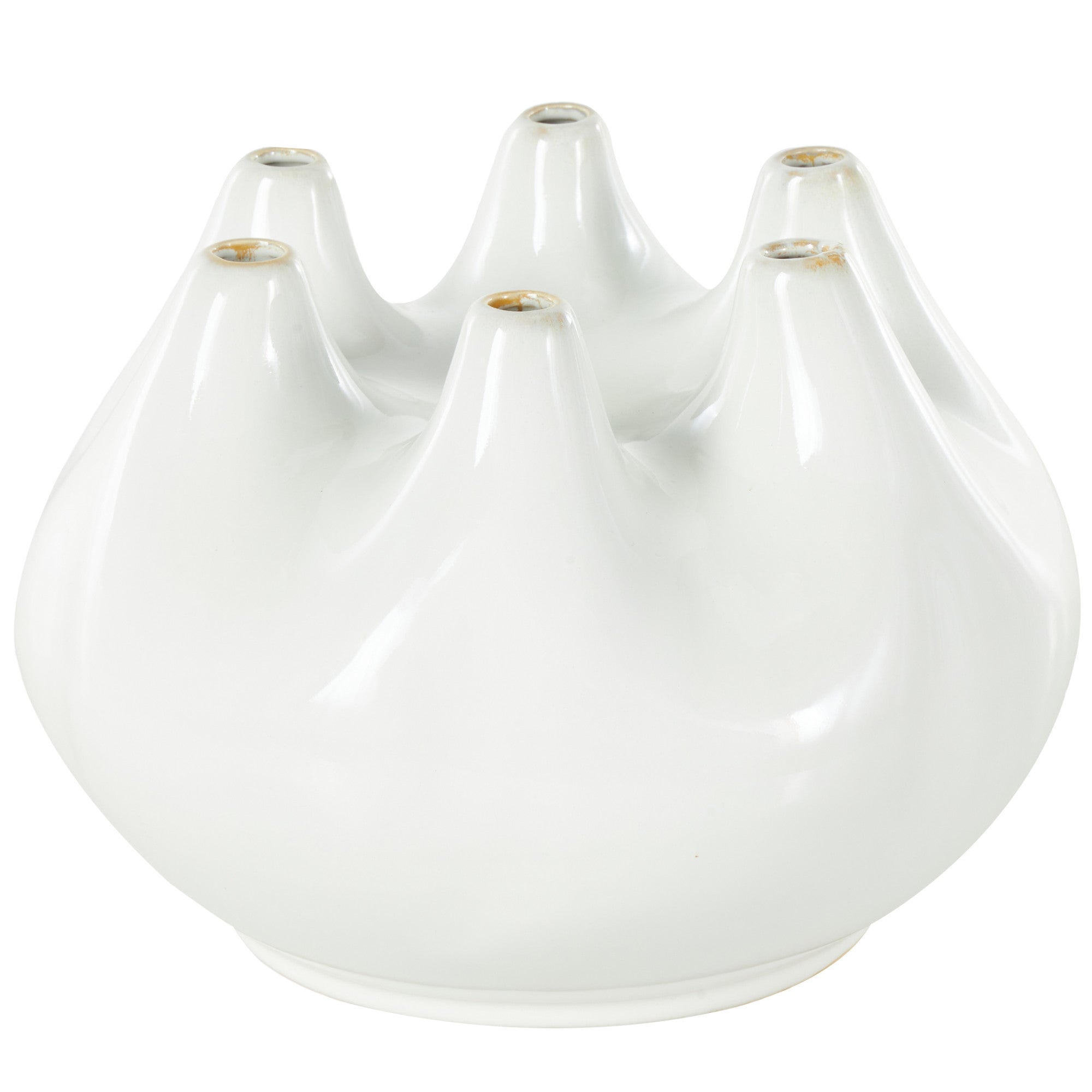 Abstract White Ceramic Round Wide Decorative Vase with Multiple Openings