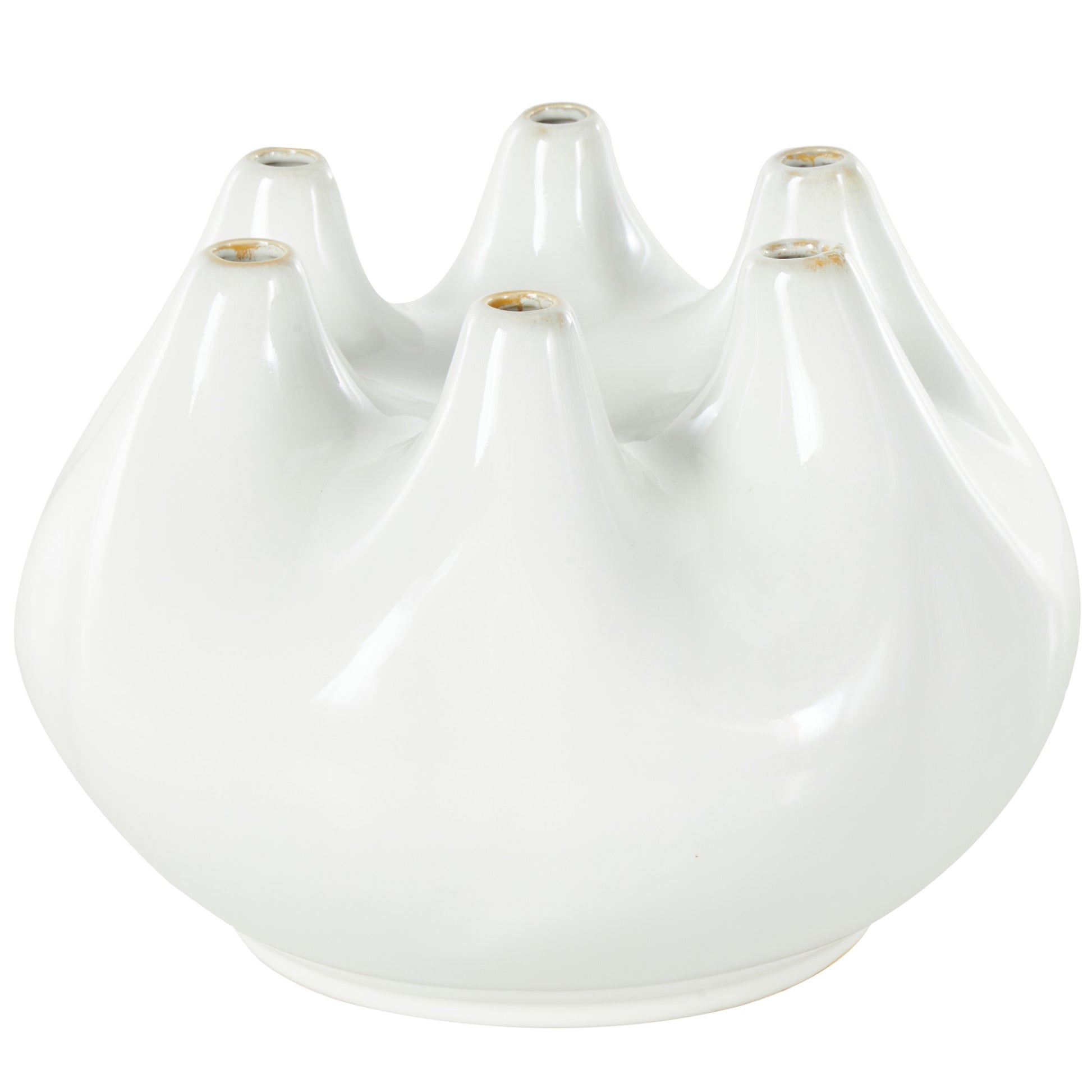 Abstract White Ceramic Round Wide Decorative Vase with Multiple Openings