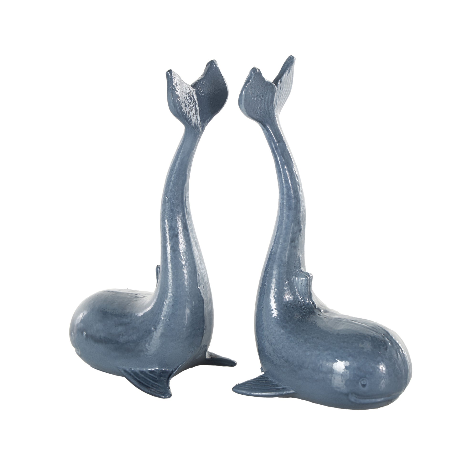 Set of 2 Dolphin Blue Metal Decorative Bookends with Raised Tails