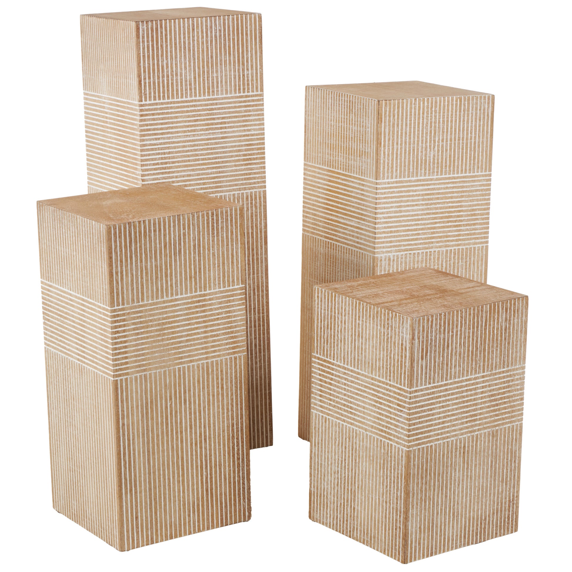 Set of 4 Brown Wood Pillar Style Side End Pedestal Table with Various Sizes