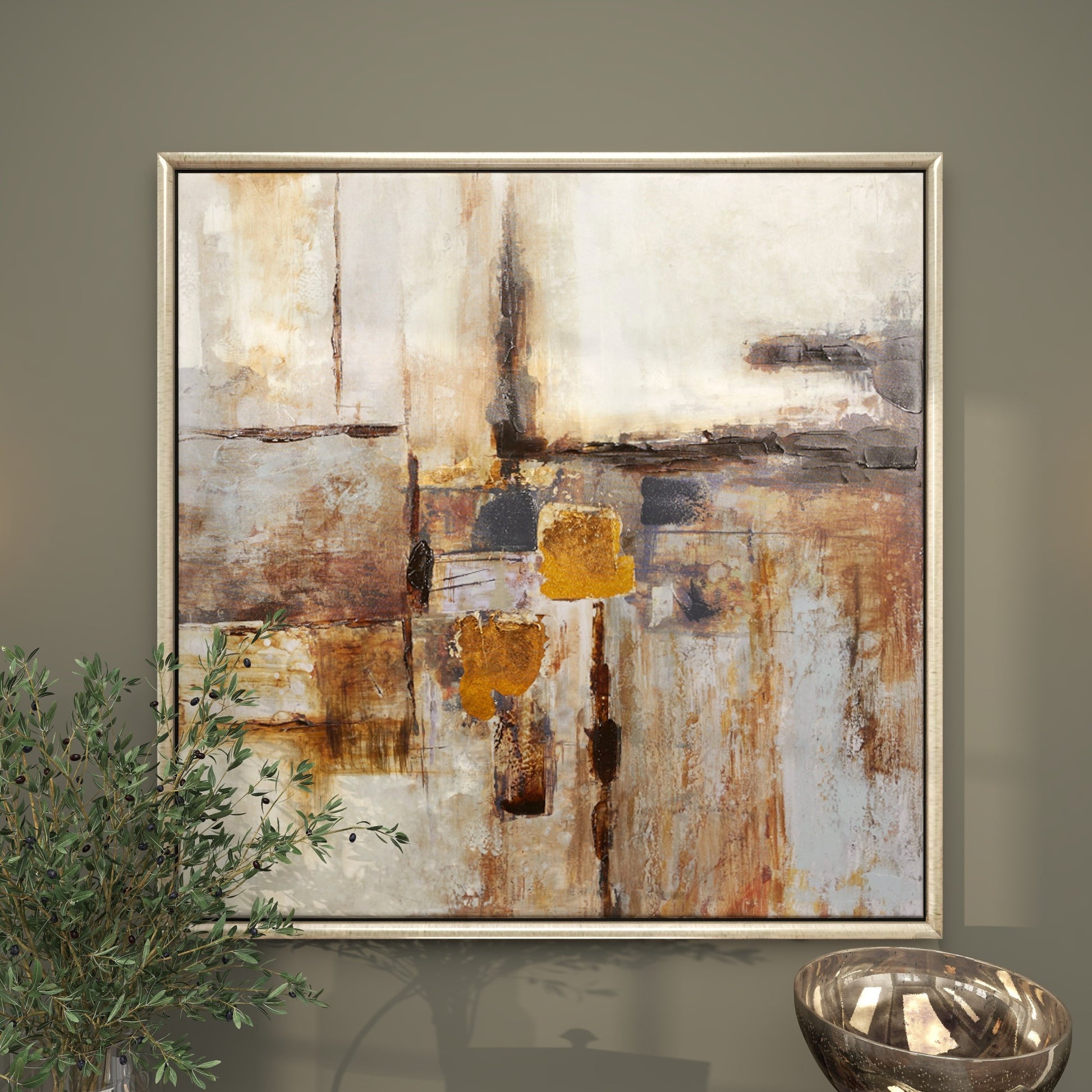Abstract Brown Canvas Living Room Framed Wall Art with Silver Frame