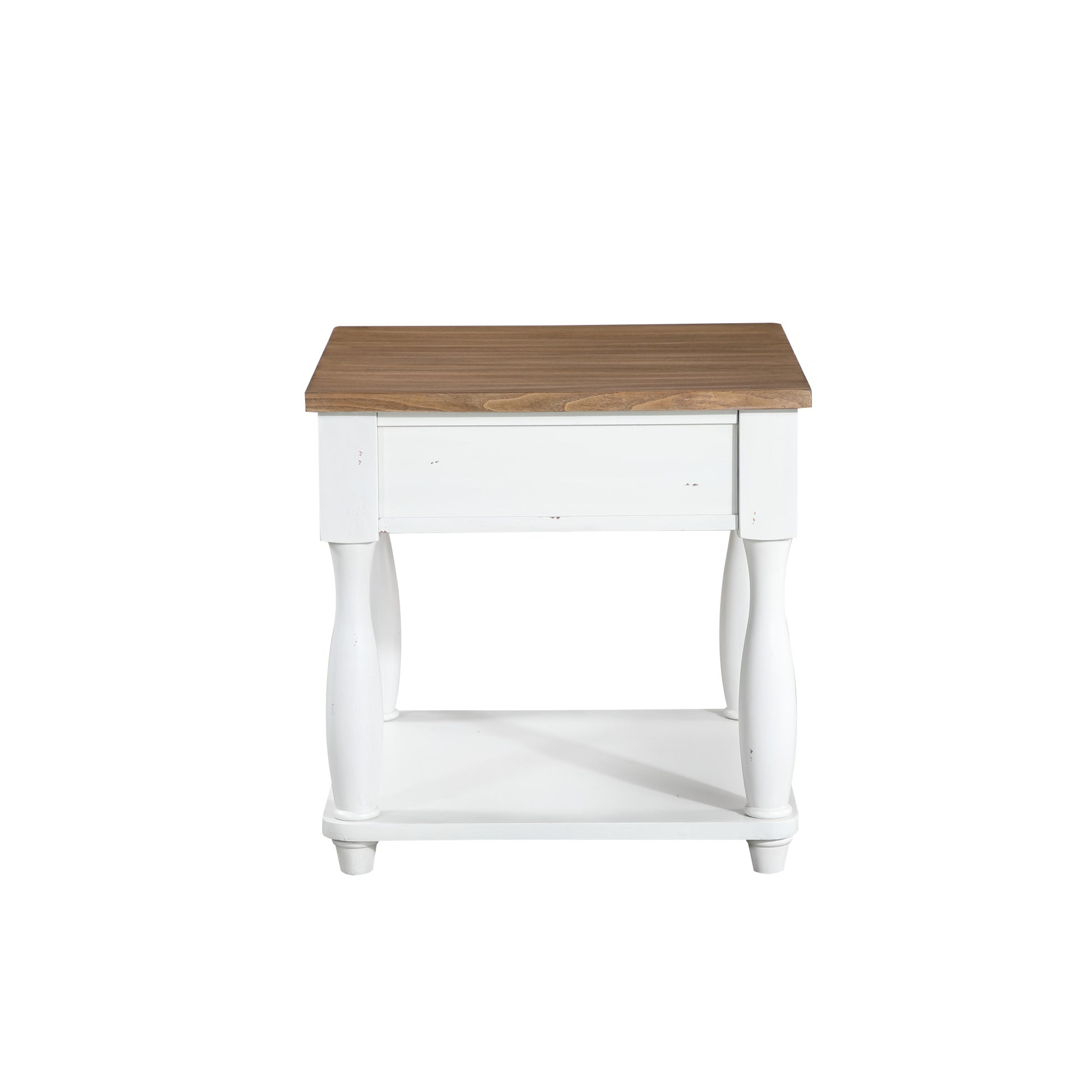 White Wood Square 1 Drawer Side End Accent Table with Brown Wood Tabletop and Turned Legs