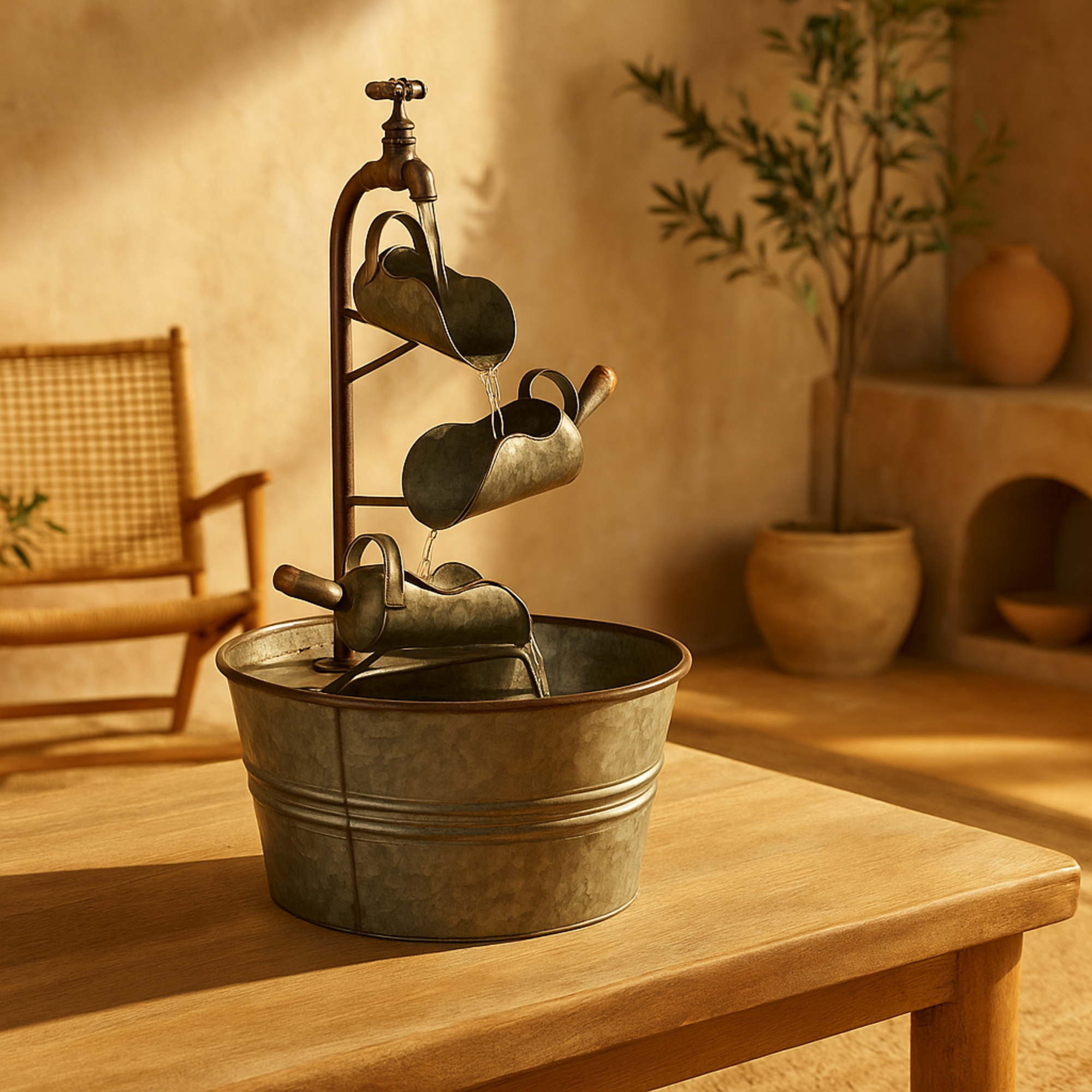 Gray Metal Indoor Outdoor Fountain with Watering Cans