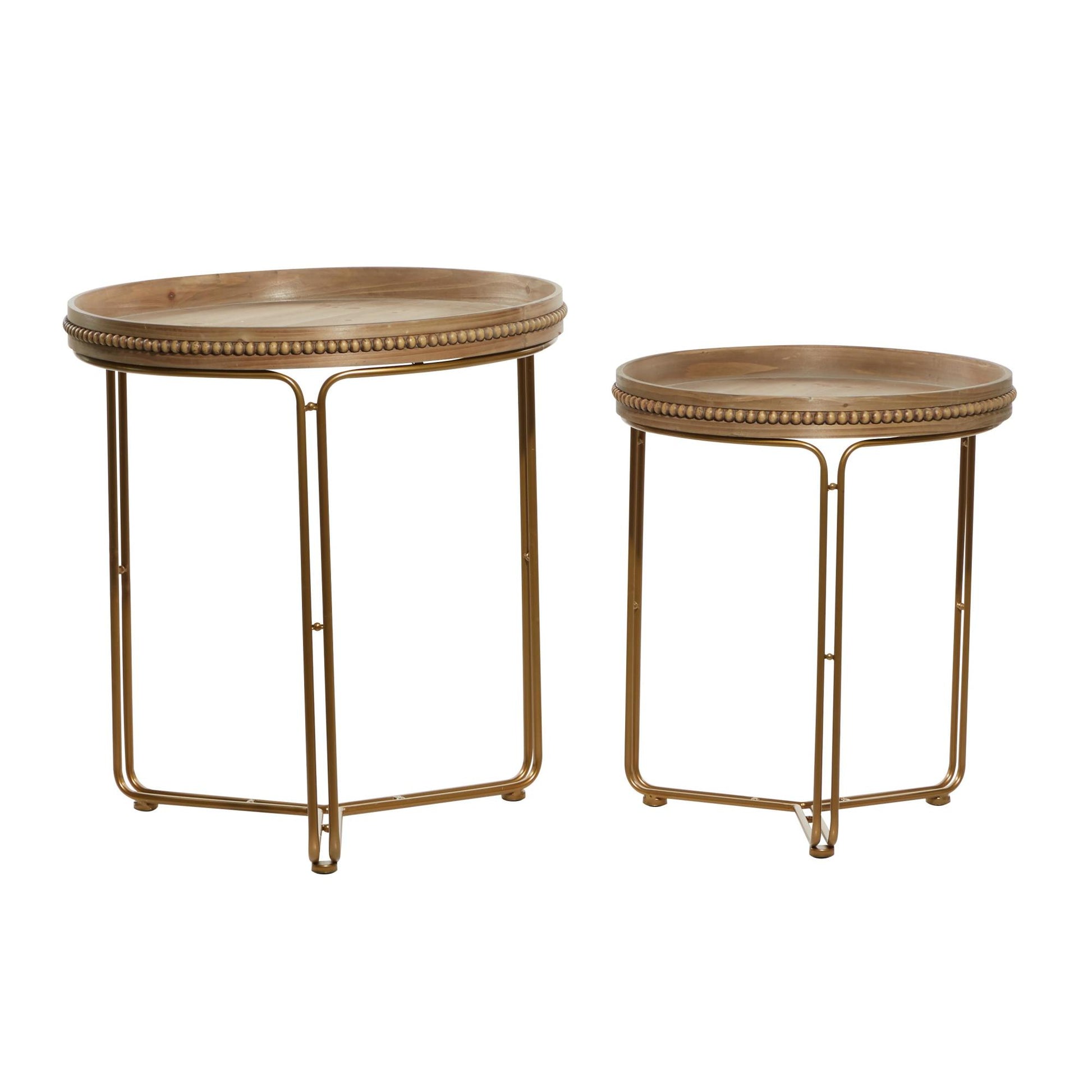 Set of 2 Brown Wooden Round Beaded Nesting Side End Accent Table