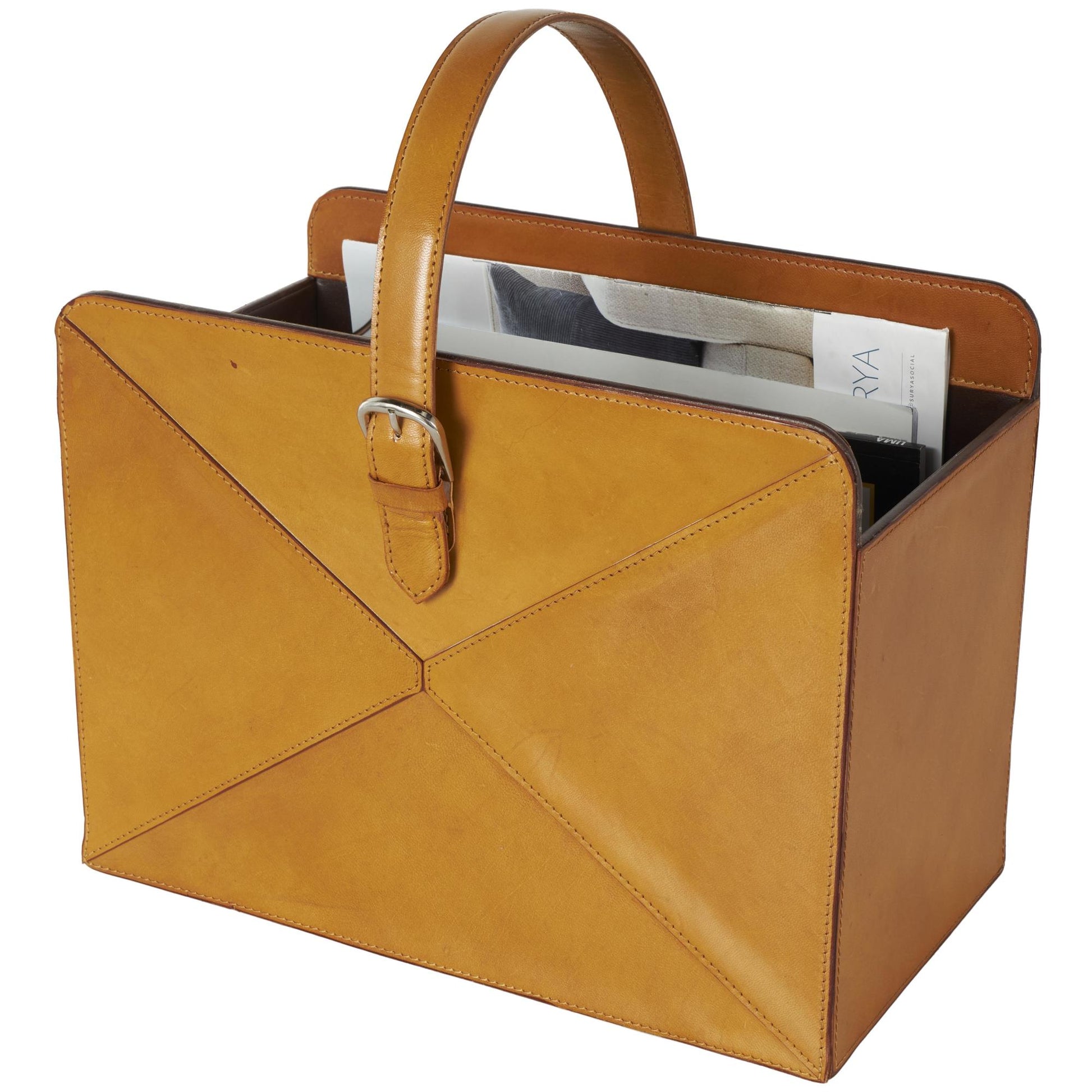 Leather Handmade Box Style Single Slot Decorative Magazine Holder with Detail Stitching and Curved Buckle Handles 16" x 11" x 17"
