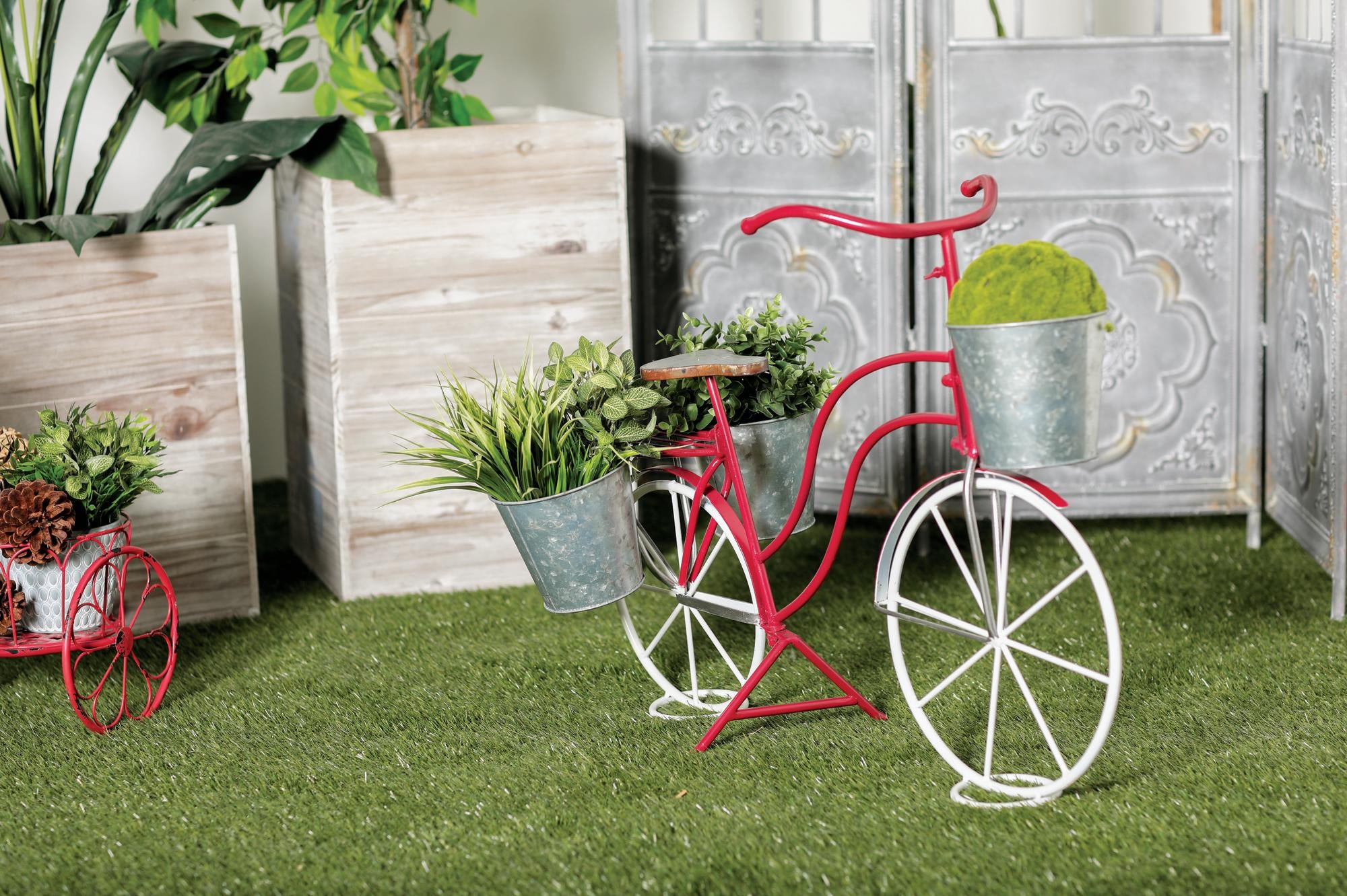 Bike Red Metal Indoor Outdoor Plantstand with Basket and Saddle Bag Planters