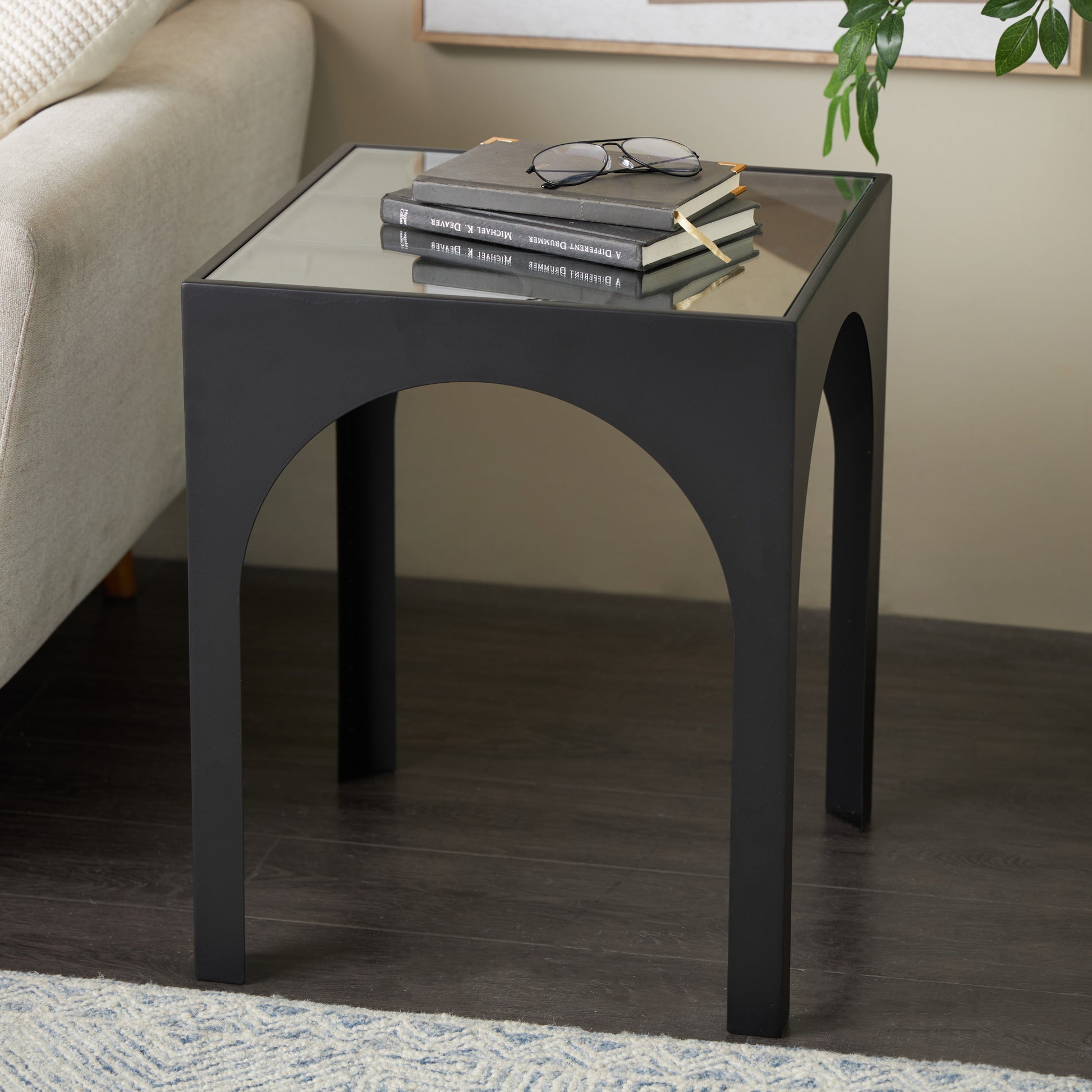 Geometric Black Metal Side End Accent Table with Glass Top