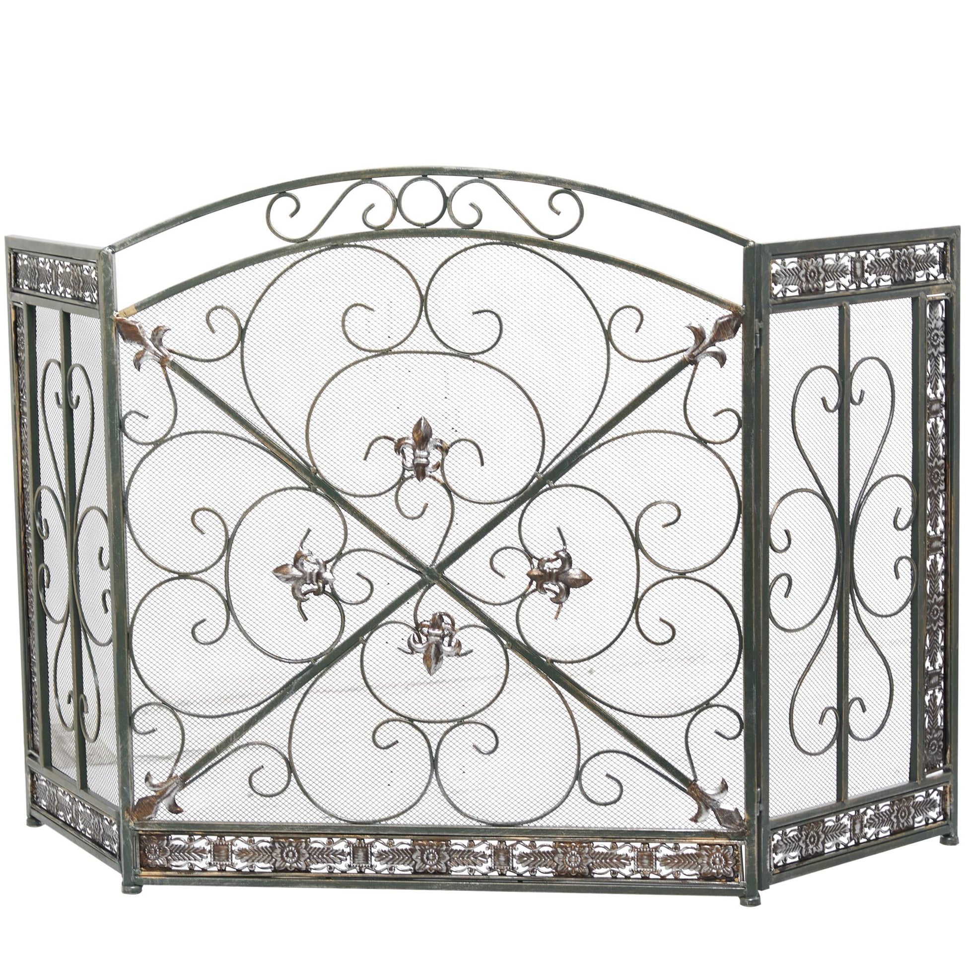 Fleur De Lis Green Metal Foldable Arched 3 Panel Living Room Fireplace Screen