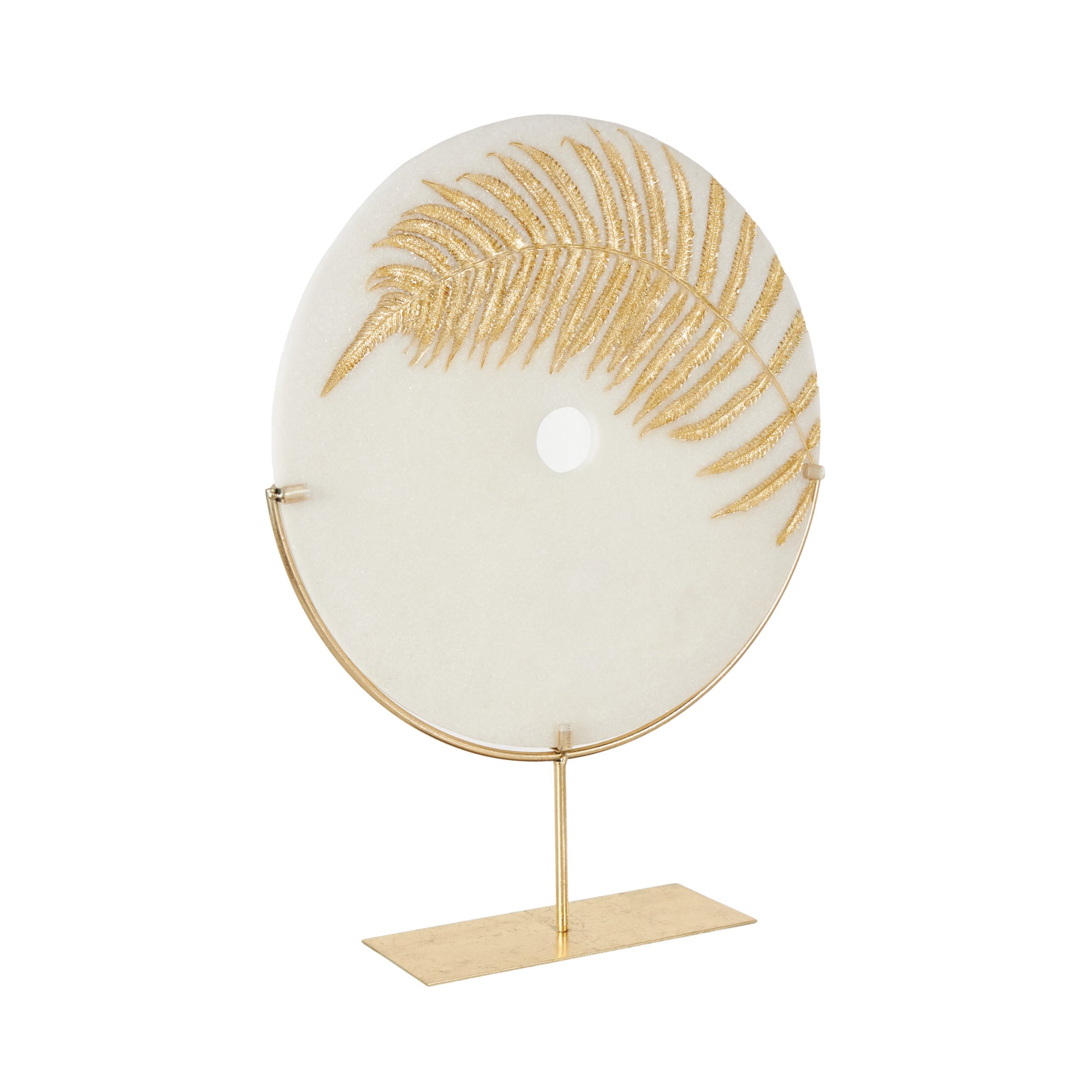 Leaf White Polystone Cutout Round Disk Decorative Sculpture with Gold Stand
