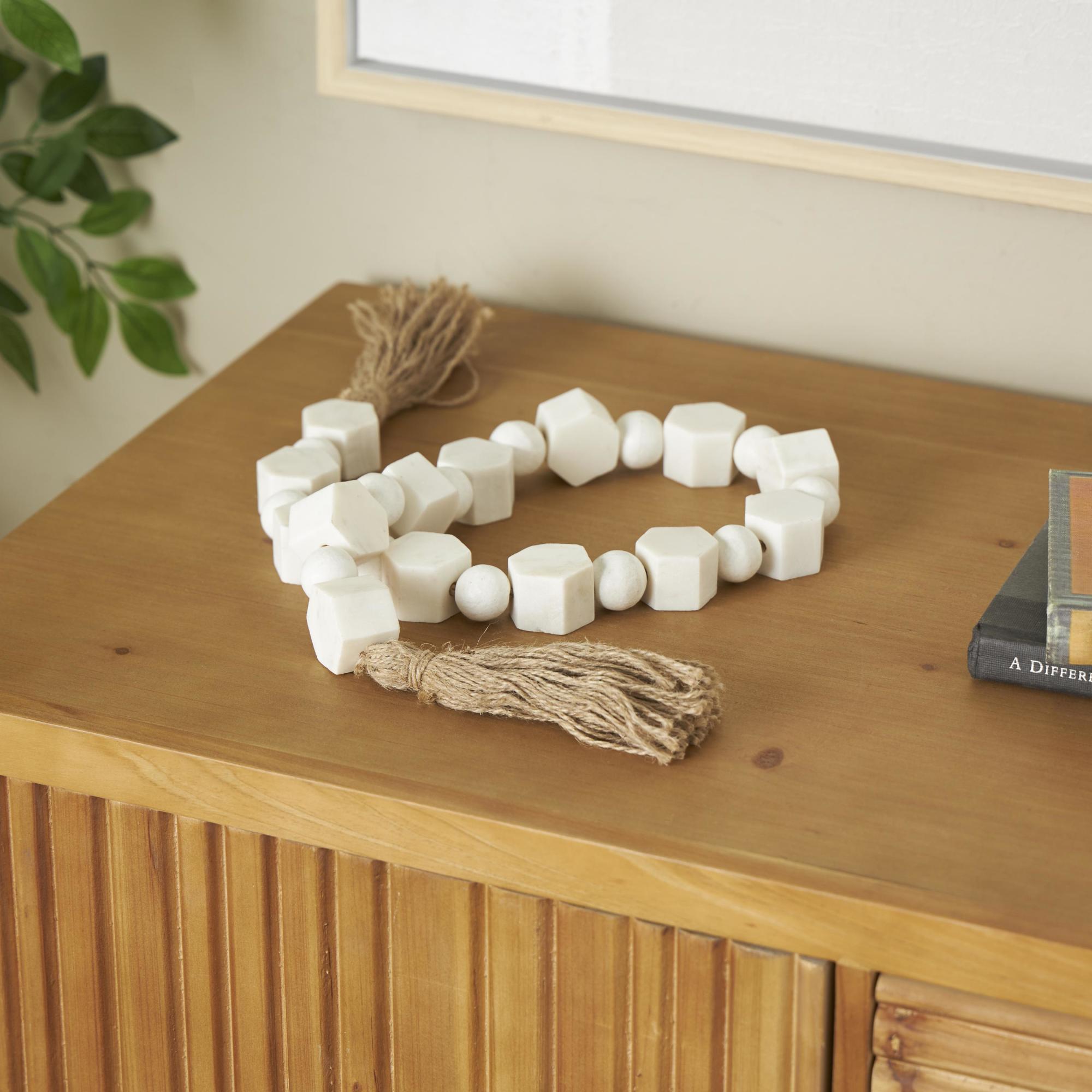 White Marble Handmade Hexagon Beaded Garland with Tassel with Knotted Brown Jute