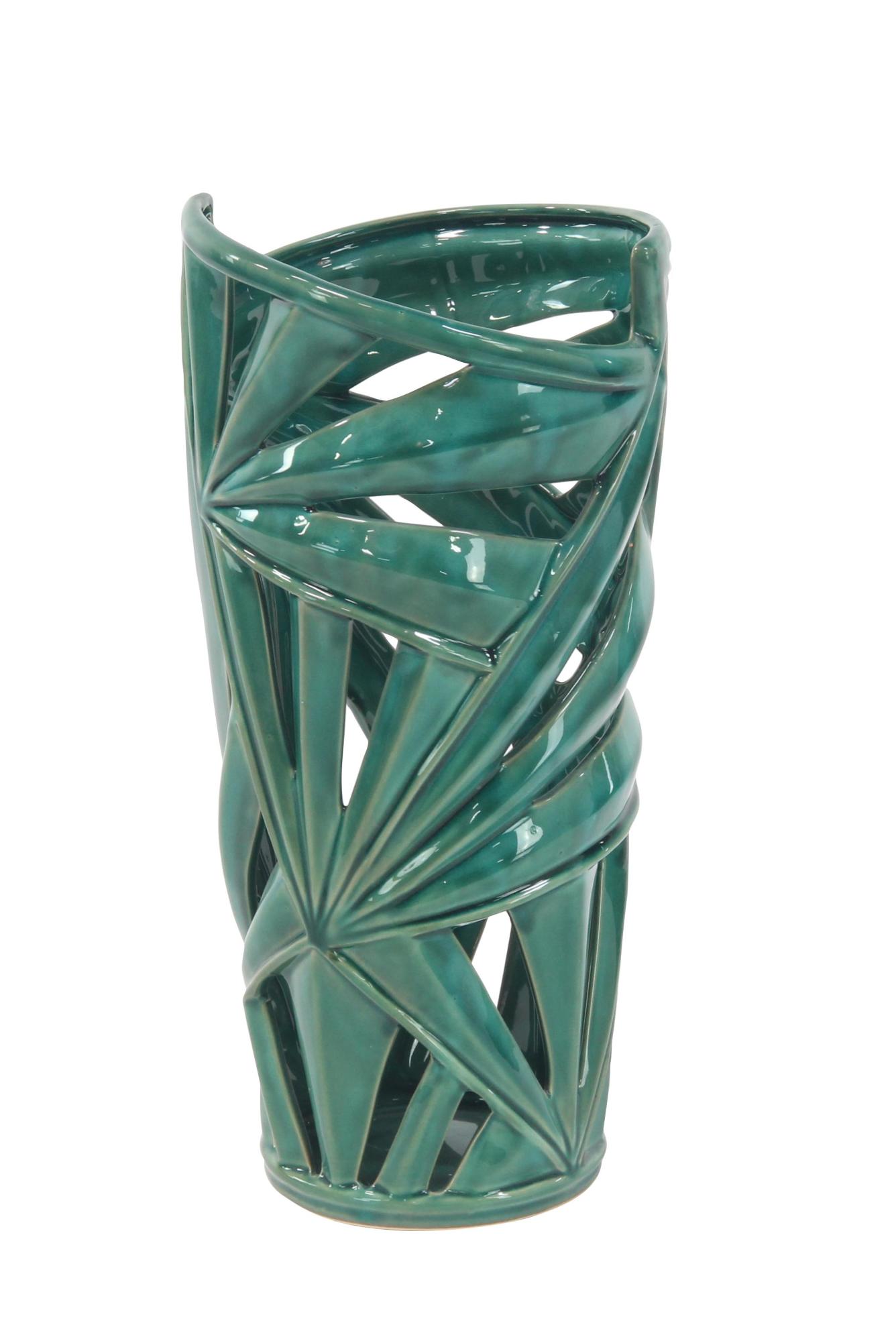 CosmoLiving by Cosmopolitan Leaf Green Ceramic Decorative Vase with Cut Out Deigns