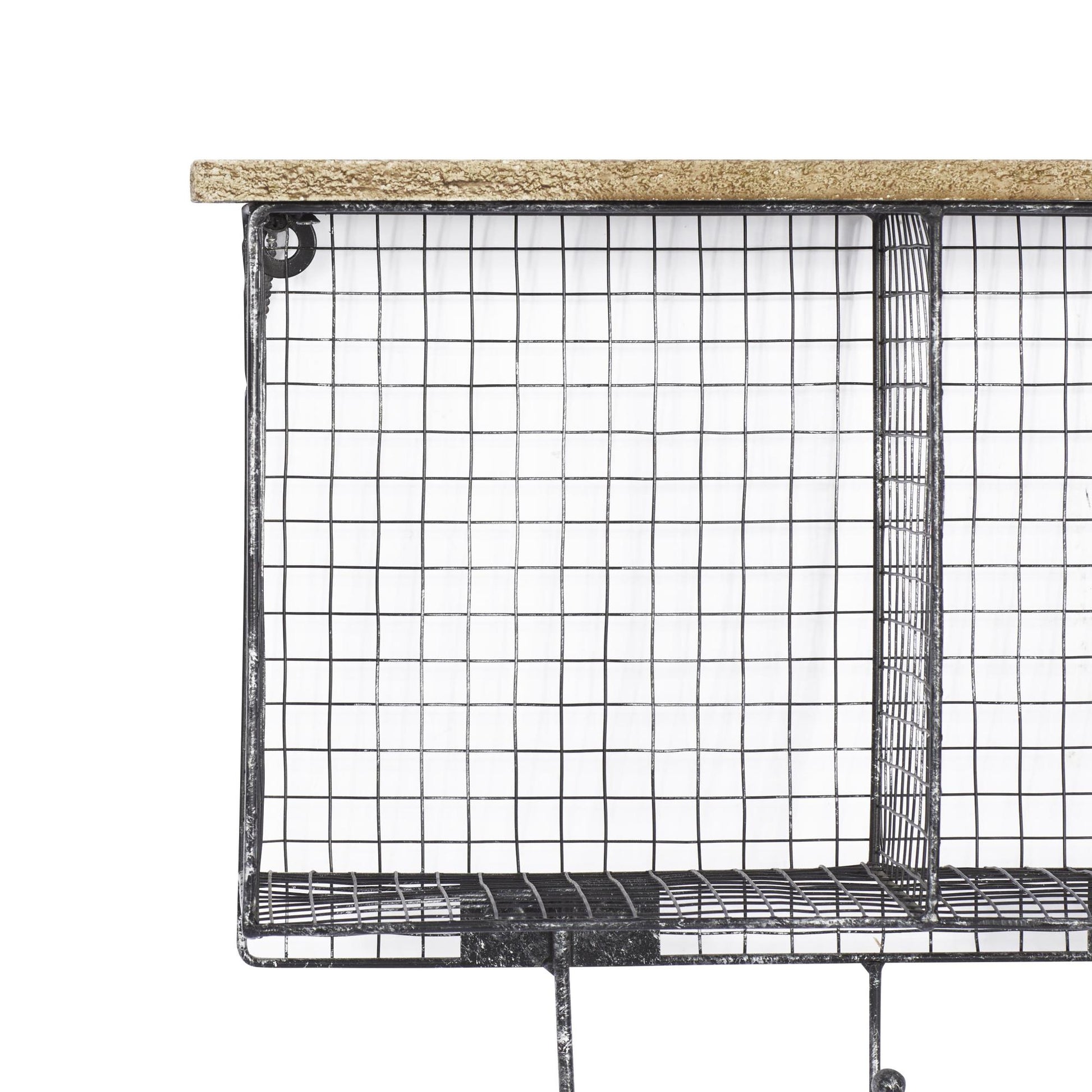 Black Metal Caged 4 Cubby and 7 Hanger Home Wall Hook with Wood Shelf