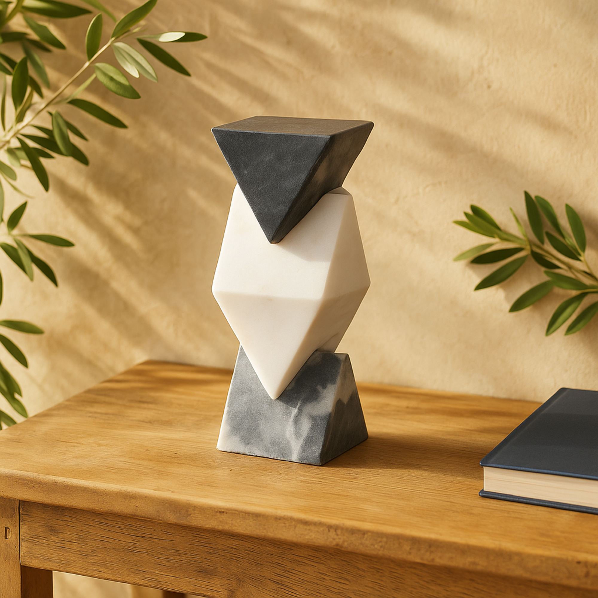 Geometric White Marble Stacked Pyramid Decorative Sculpture with White Diamond Center