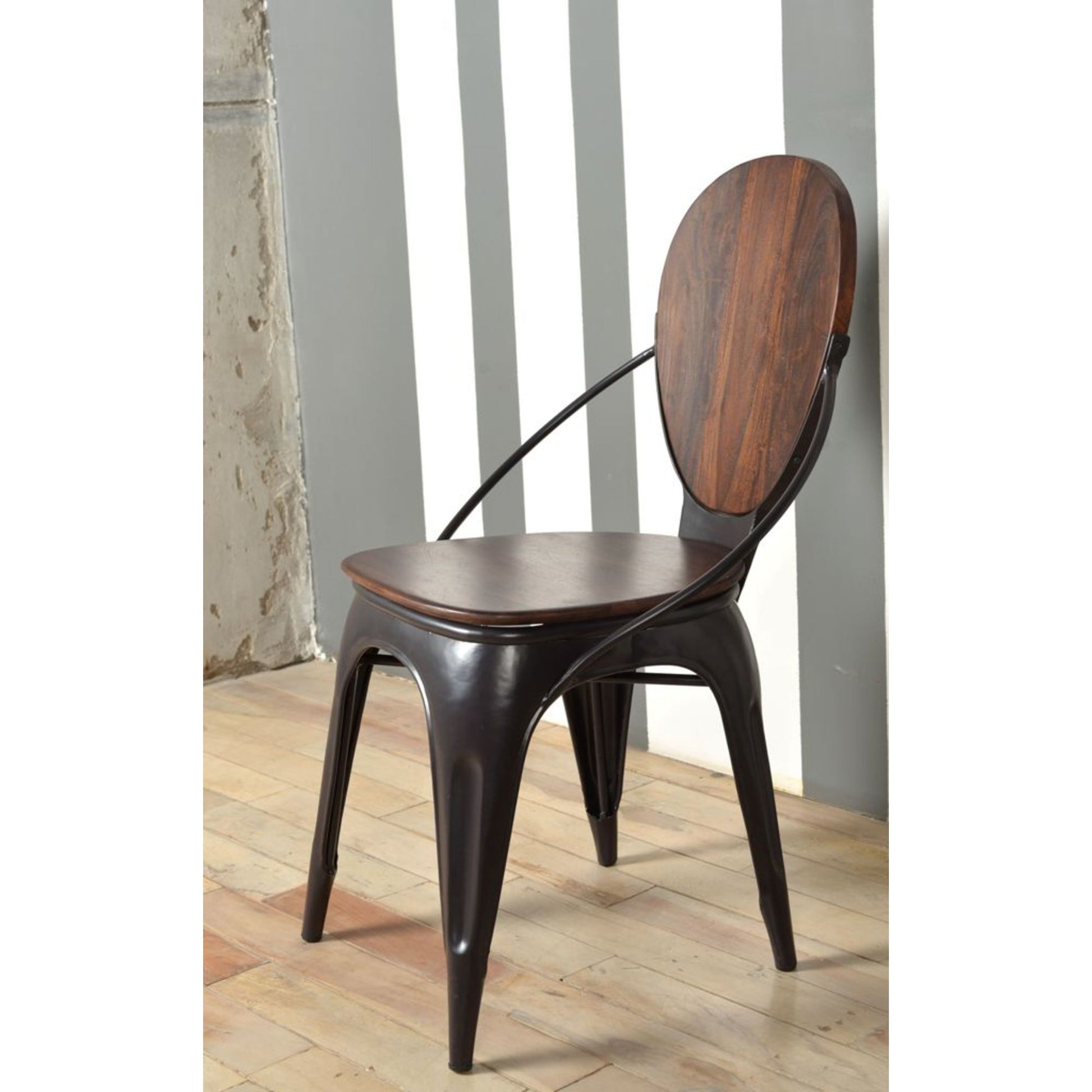 Set of 2 Brown Sheesham Wood Rounded Kitchen Dining Chair with Gunmetal Tapered Legs and Curved Support
