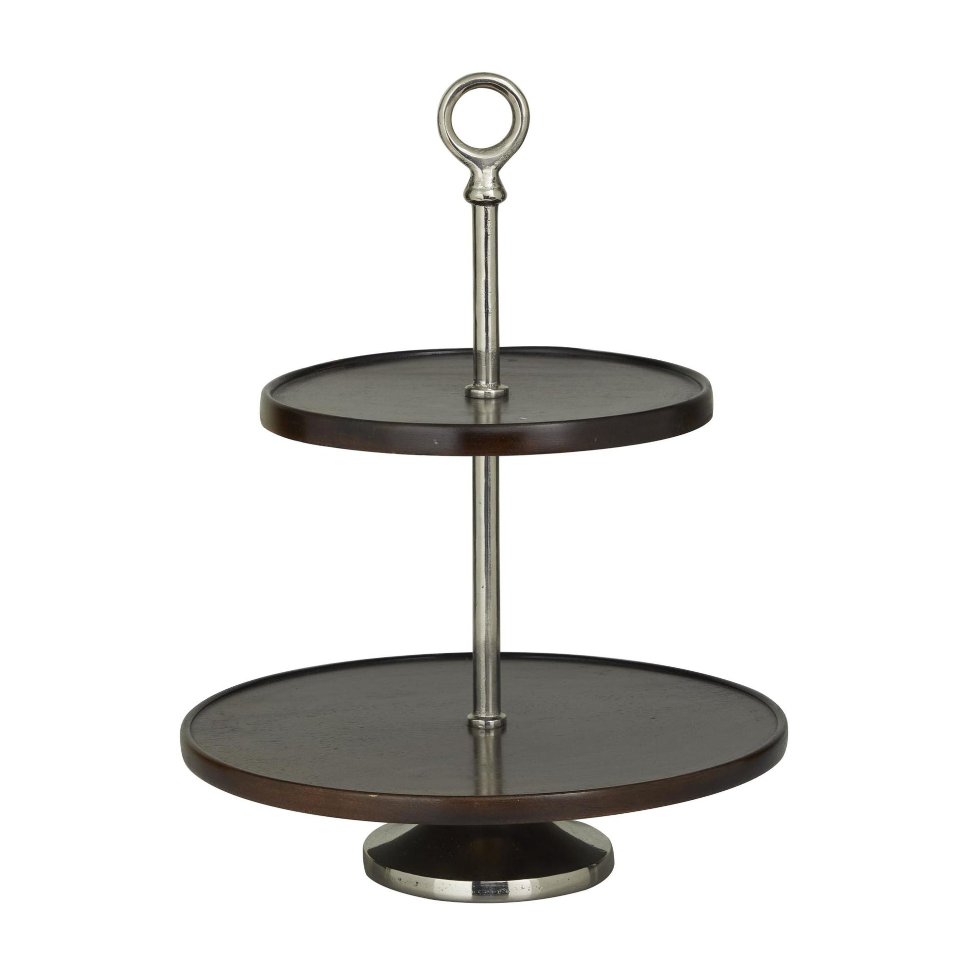 Mango Wood 2 Level Decorative Tiered Server with Silver Aluminum Cone Base