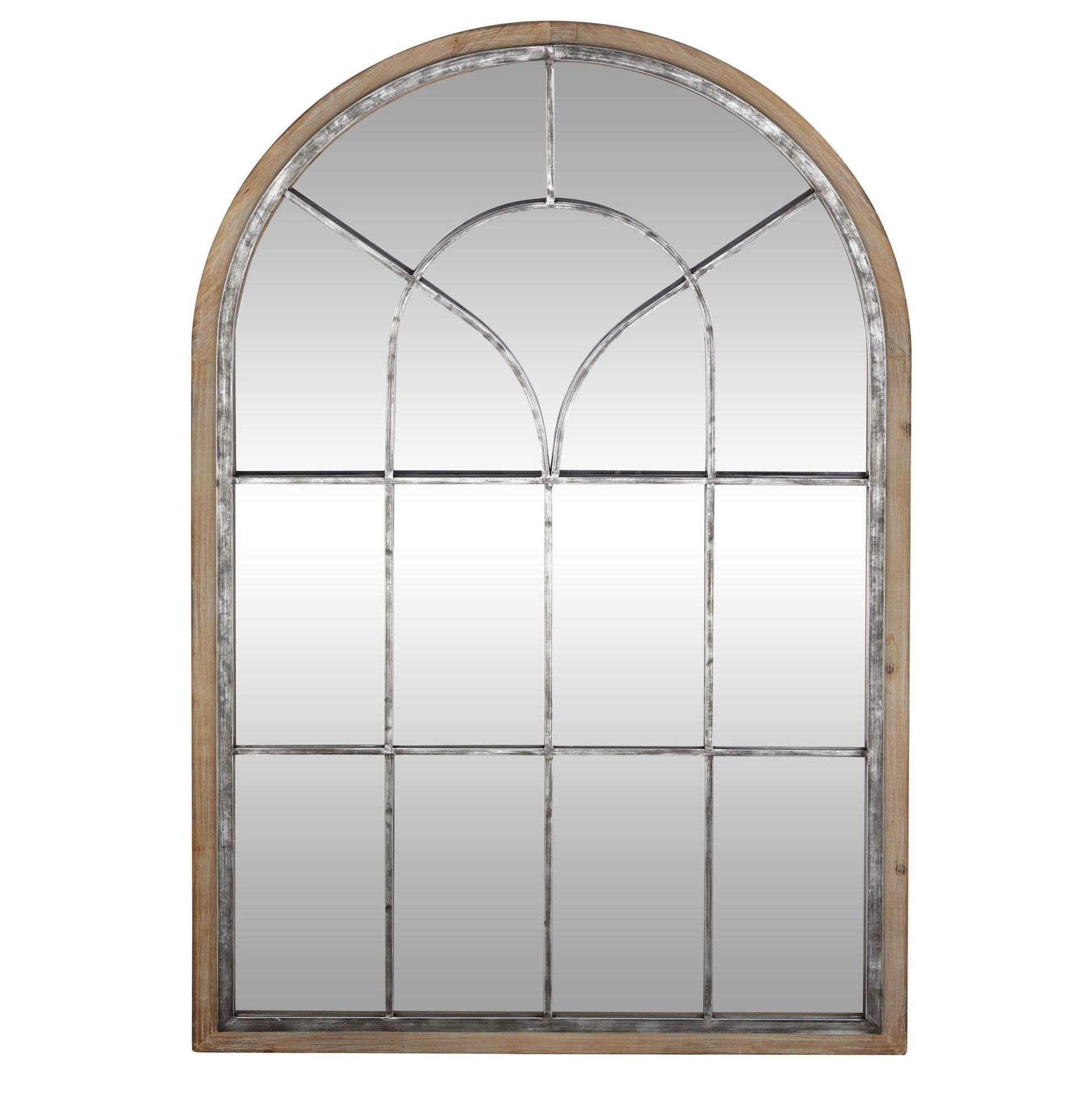 Brown Wooden Window Pane Inspired Room Wall Mirror with Arched Top