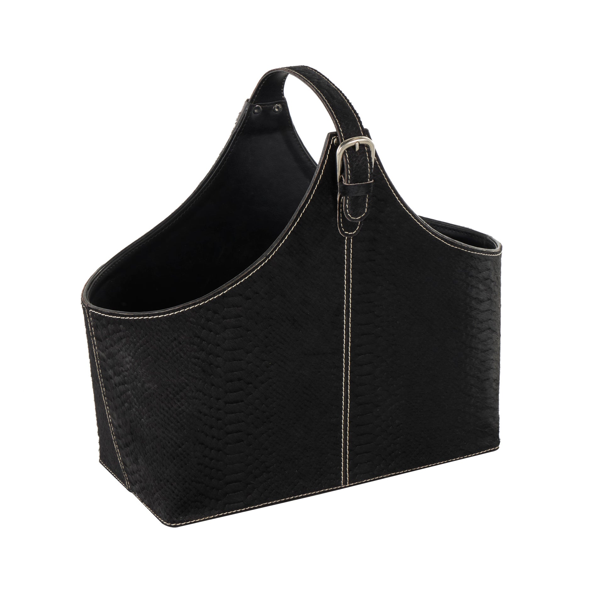 Leather Handmade Box Style Decorative Magazine Holder with Detail Stitching and Curved Buckle Handle