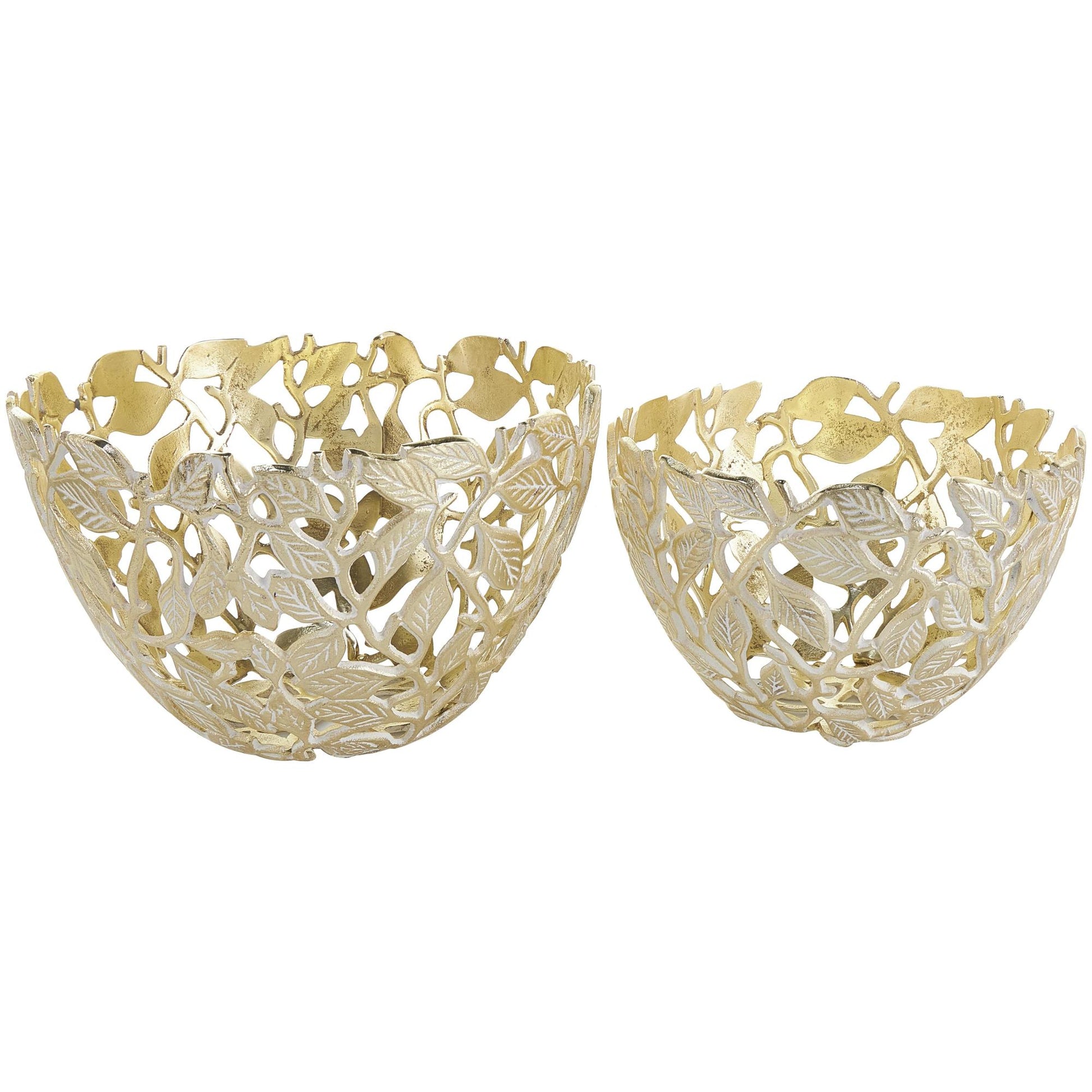 Set of 2 Leaf Gold Aluminum Metal Large Decorative Bowl with White Detailing