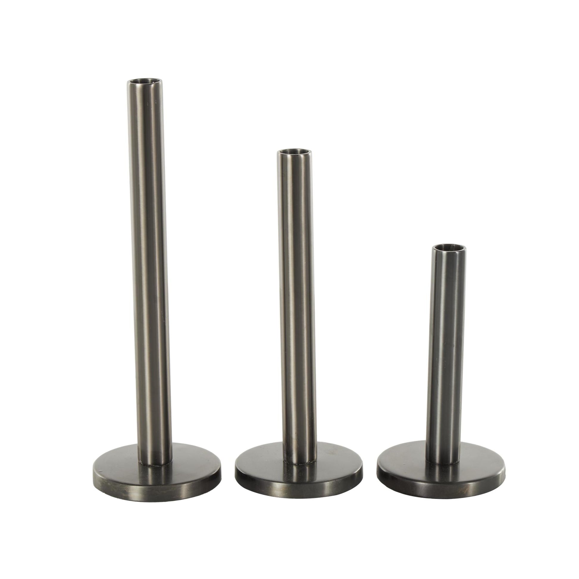 Set of 3 Black Stainless Steel Metal Slim Decorative Candle Holder with Round Base
