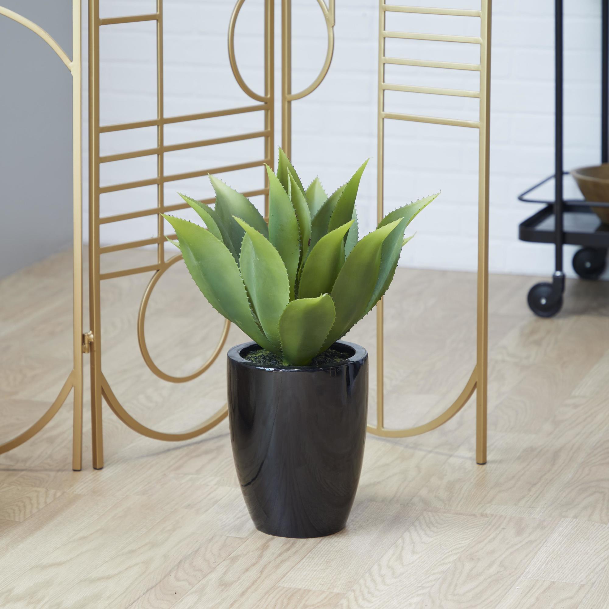 Agave Green Faux Foliage Indoor Outdoor Artificial Plant with Realistic Leaves and Black Fiberglass Pot