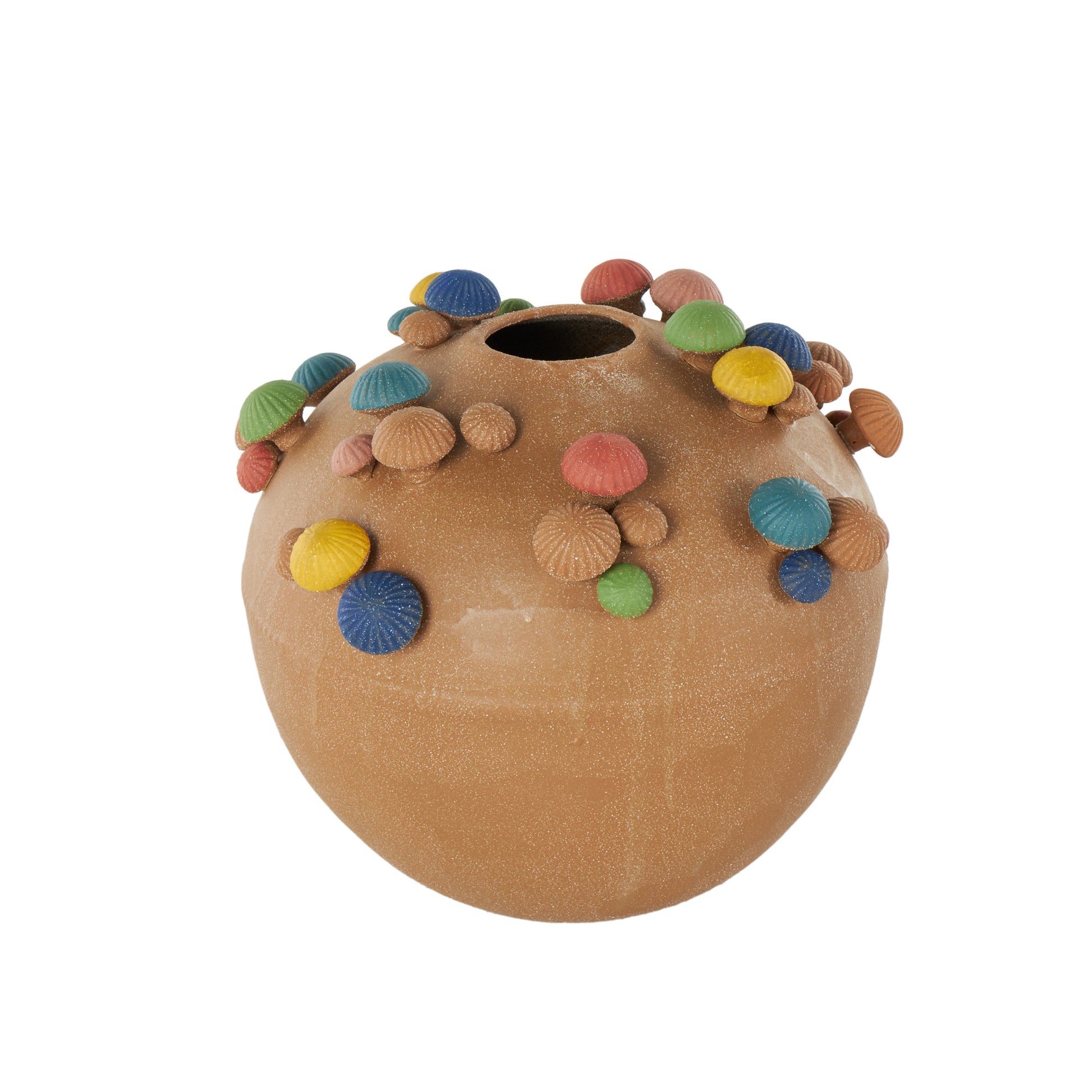 Mushroom Brown Ceramic Round Wide Decorative Vase with Multicolor Accents and White Speckles