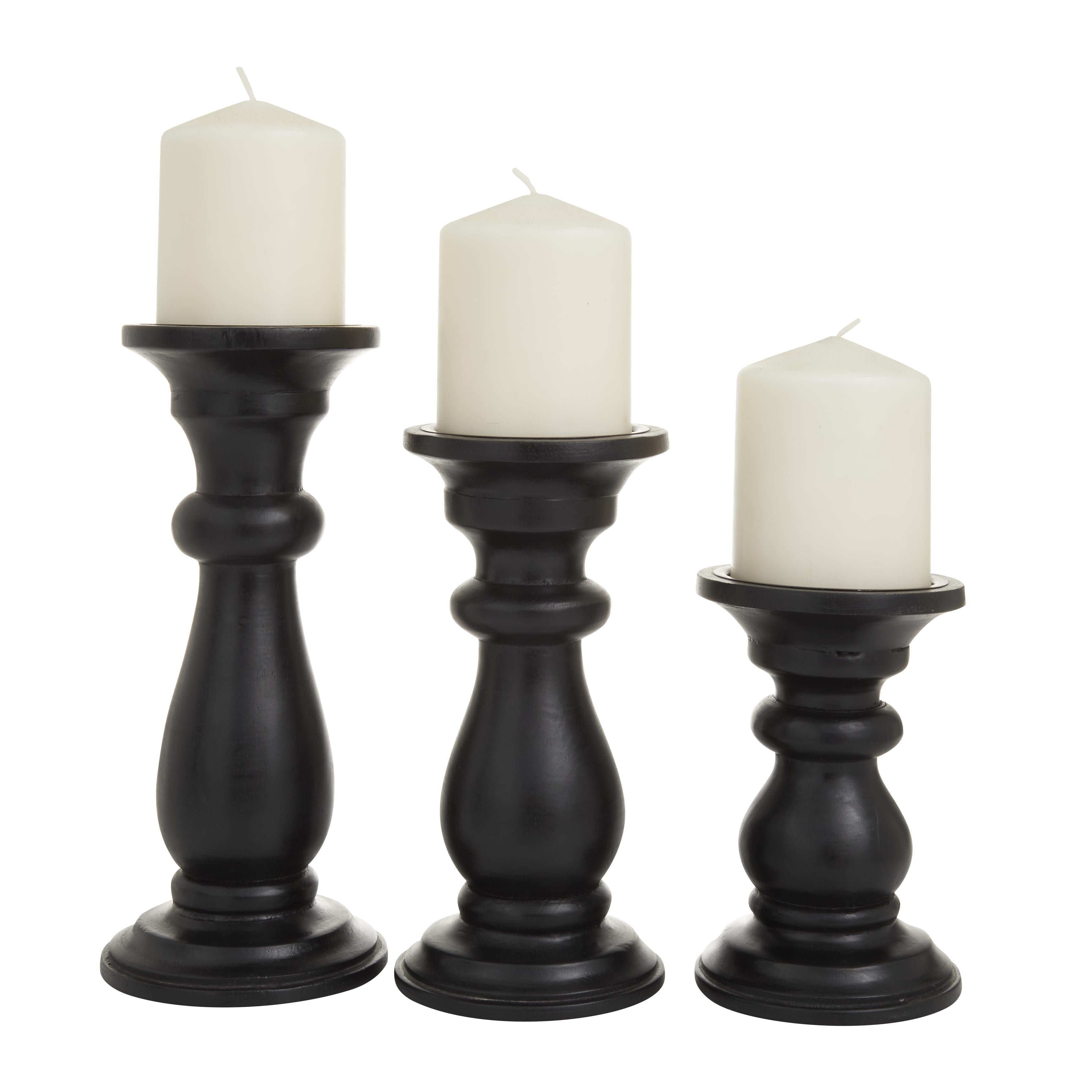 Set of 3 Mango Wood Turned Style Pillar Decorative Candle Holder
